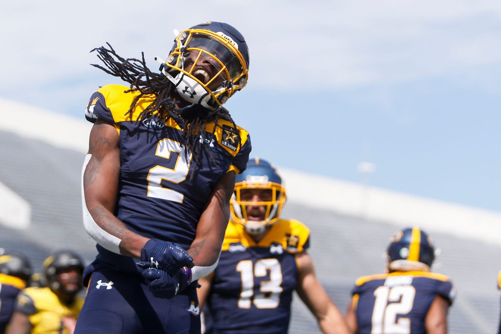 Showboats’ Daewood Davis (2) celebrates after scoring a touchdown during the UFL game between the San Antonio Brahmas and Memphis Showboats in Simmons Liberty Bank Stadium in Simmons Bank Liberty Stadium in Memphis, Tenn., on Saturday, April 6, 2024.