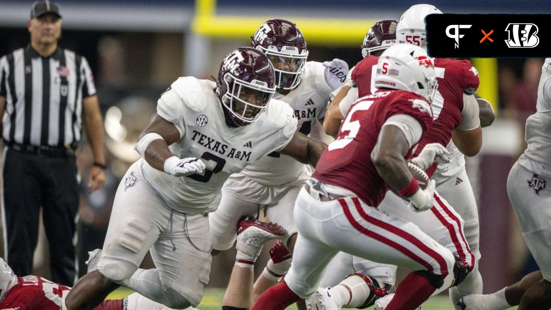 Texas A&M Aggies defensive lineman McKinnley Jackson (3) and Arkansas Razorbacks running back Raheim Sanders (5) In action during the game between the Texas A&M Aggies and the Arkansas Razorbacks at AT&T Stadium. Mandatory Credit: Jerome Miron-USA TODAY Sports