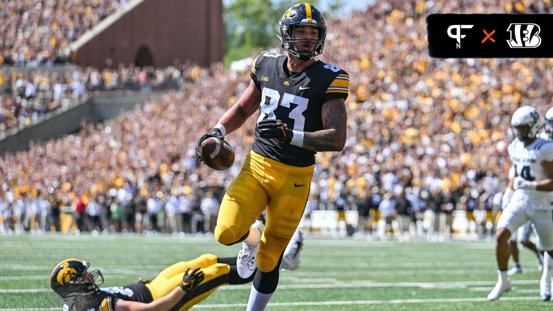 Iowa Hawkeyes tight end Erick All (83) scores on a touchdown pass as tight end Steven Stilianos (86) lay on the turf during the first quarter against the Utah State Aggies at Kinnick Stadium.