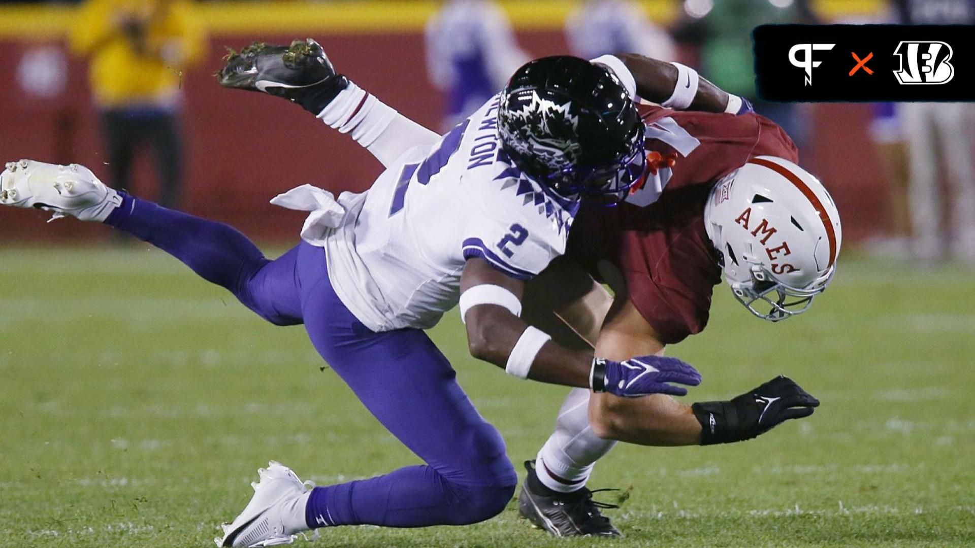 Iowa State Cyclones tight end Stevo Klotz (49) catches a pass as TCU Horned Frogs' cornerback Josh Newton (2) tackles during the first half in the Jack Trice Legacy Game at Jack Trice Stadium on Saturday, Oct. 7, 2023, in Ames, Iowa.