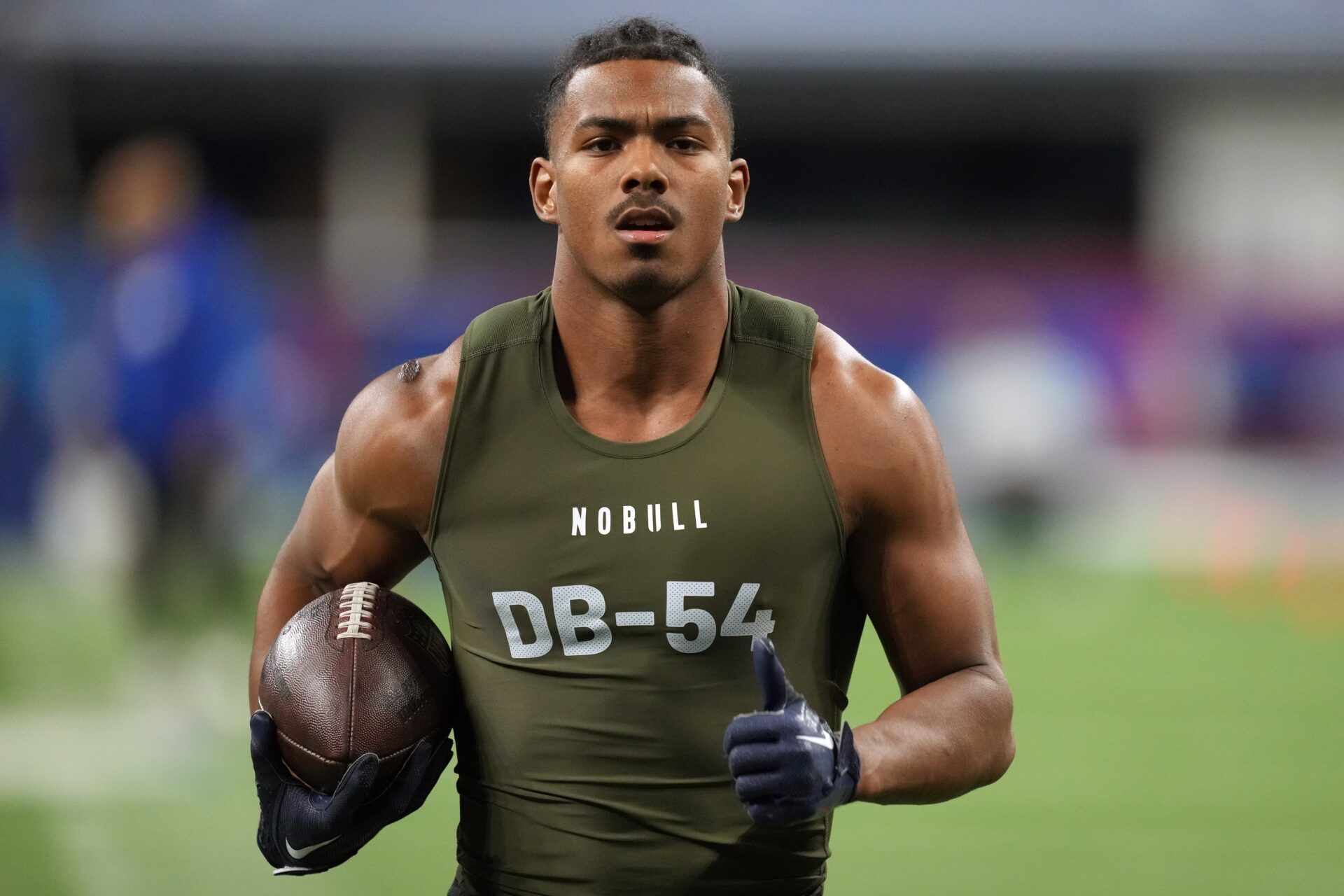 California defensive back Patrick McMorris (DB54) works out during the 2024 NFL Combine at Lucas Oil Stadium.