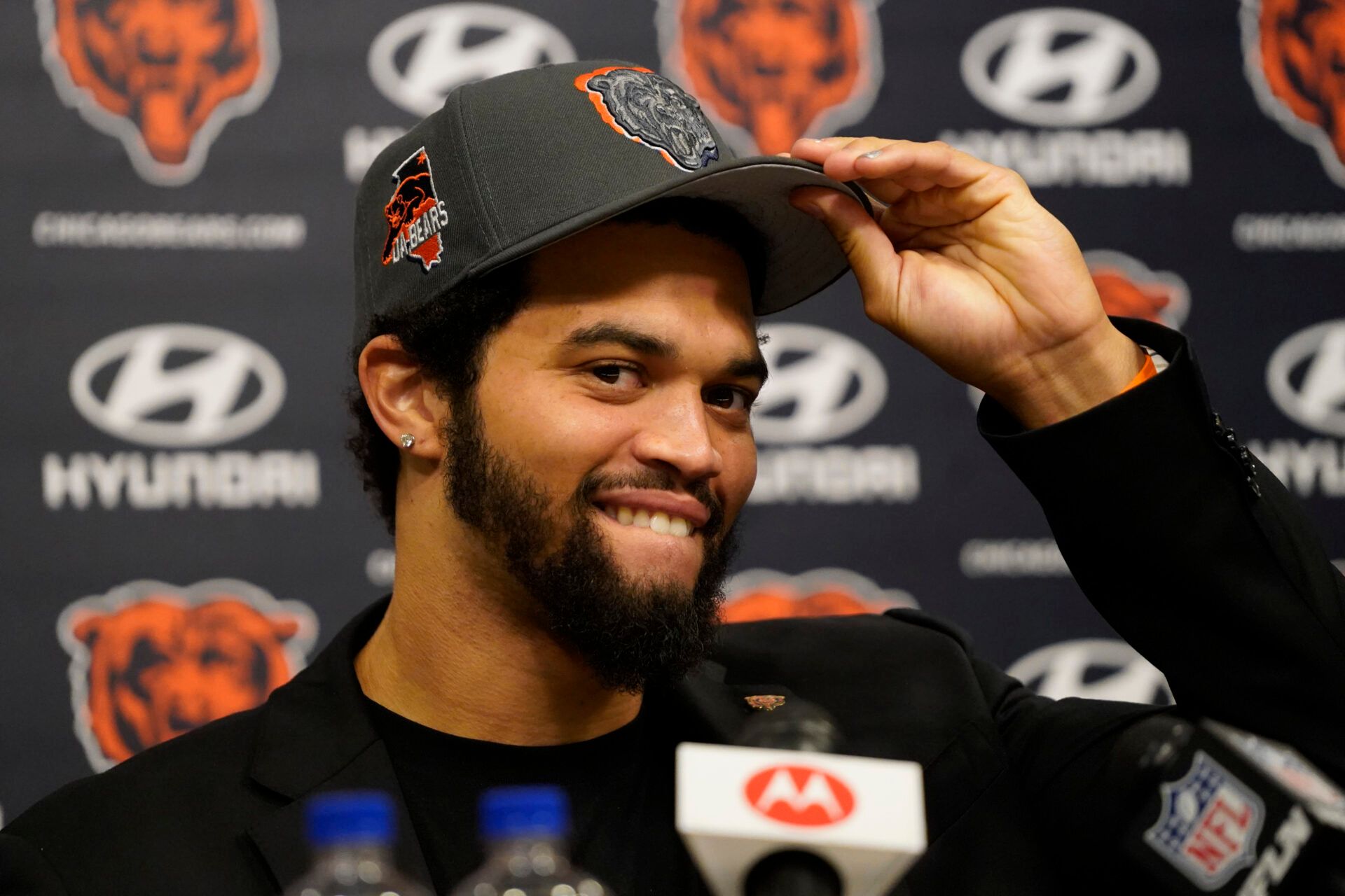 Chicago Bears number one draft choice Caleb Williams at a press conference at Halas Hall.