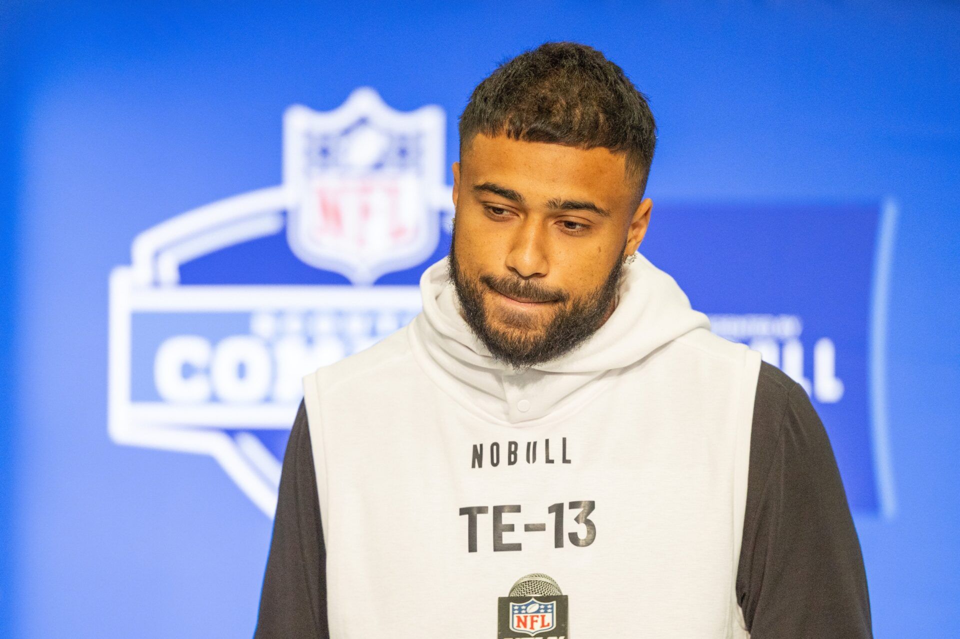 Minnesota tight end Brevyn Spann-Ford (TE13) talks to the media during the 2024 NFL Combine at Lucas Oil Stadium.