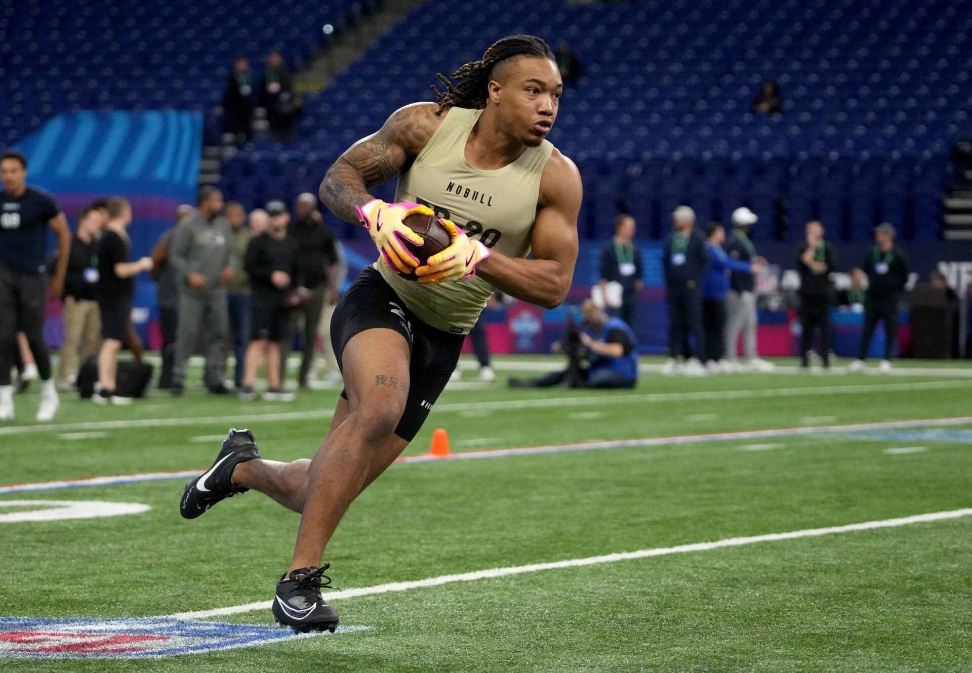 Georgia running back Kendall Milton (RB20) during the 2024 NFL Combine at Lucas Oil Stadium.