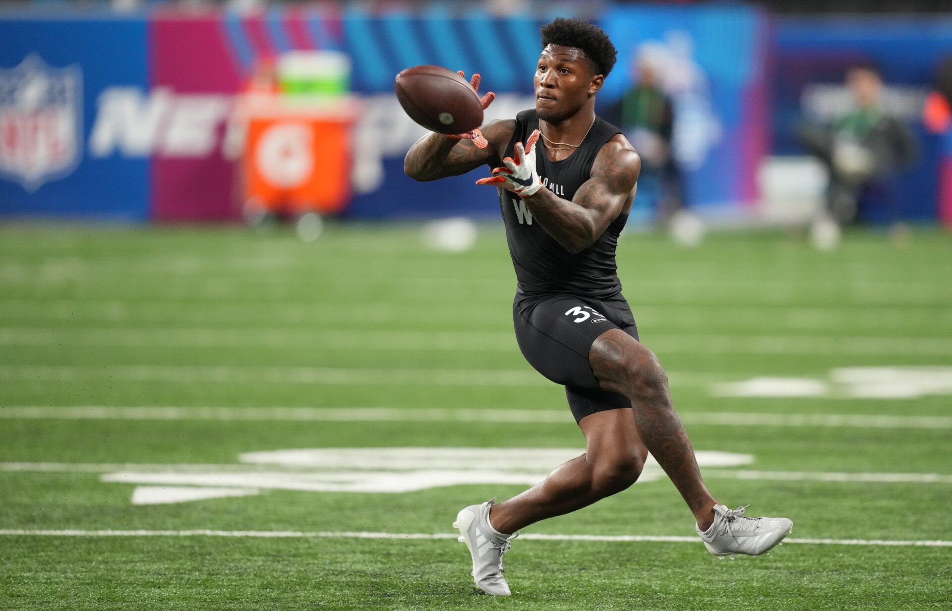 Virginia wide receiver Malik Washington (wo33) during the 2024 NFL Combine at Lucas Oil Stadium.