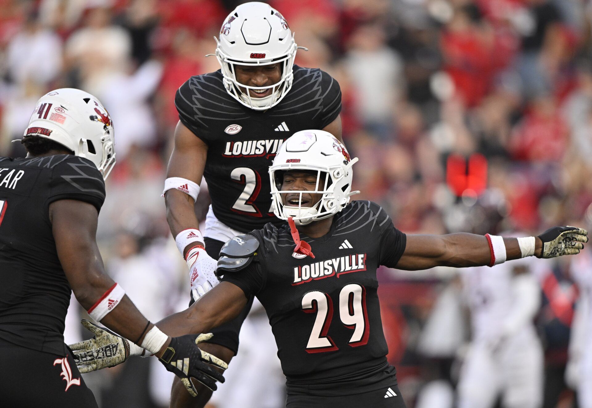 Louisville Cardinals CB Storm Duck (29) celebrates after a play against the Virginia Tech Hokies.