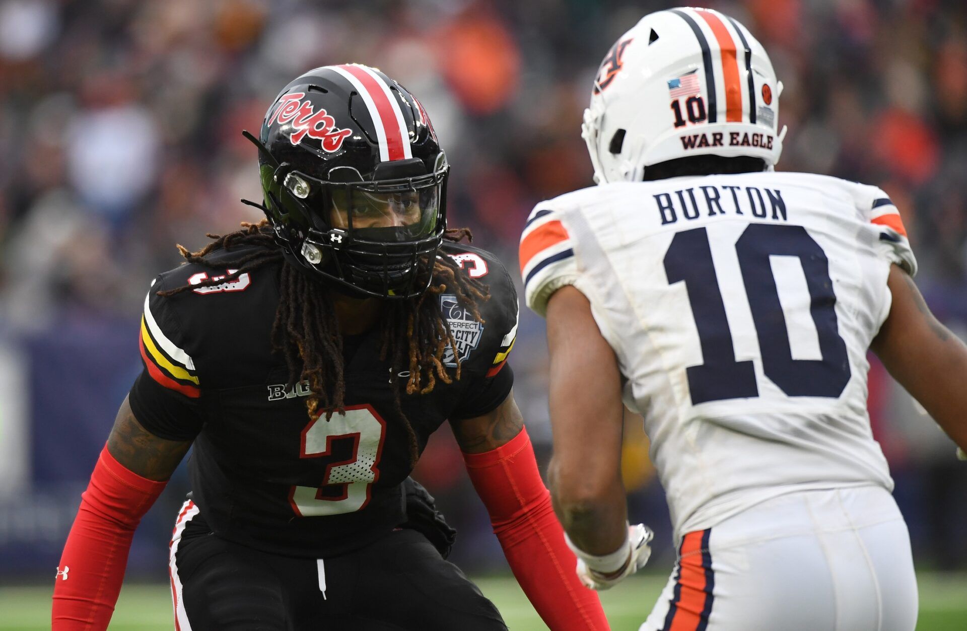 Maryland Terrapins defensive back Ja'Quan Sheppard (3) defends against Auburn Tigers wide receiver Caleb Burton III (10) during the second half at Nissan Stadium. Mandatory Credit: Christopher Hanewinckel-USA TODAY Sports