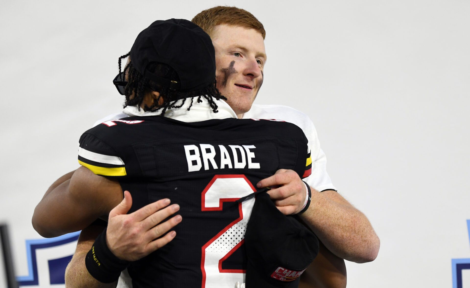 Maryland Terrapins defensive back Beau Brade (2) celebrates with MVP quarterback Billy Edwards Jr. (9)after a win against the Auburn Tigers at Nissan Stadium.