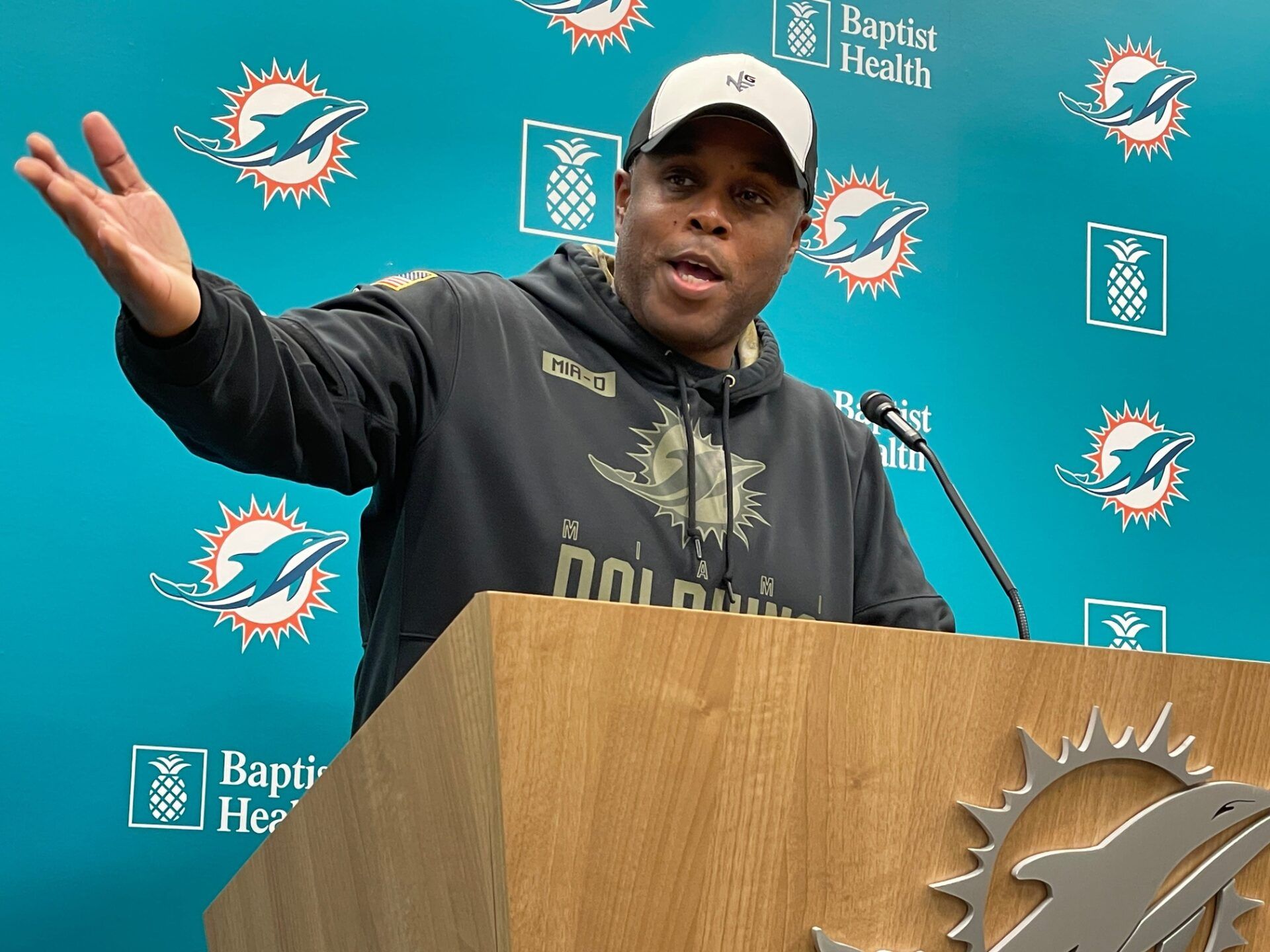 Dolphins general manager Chris Grier discusses the upcoming draft on Tuesday, April 16, 2024.