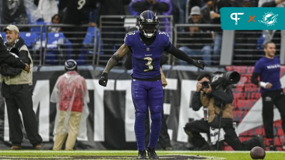 Baltimore Ravens wide receiver Odell Beckham Jr. (3) celebrates after sowing a second quarter touchdown against the Los Angeles Rams during the at M&T Bank Stadium.