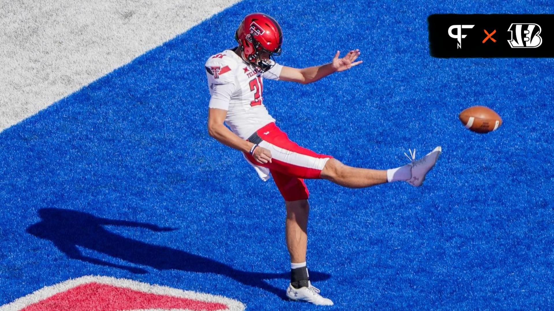 Texas Tech Red Raiders place kicker Austin McNamara (31) warms up against the Kansas Jayhawks.