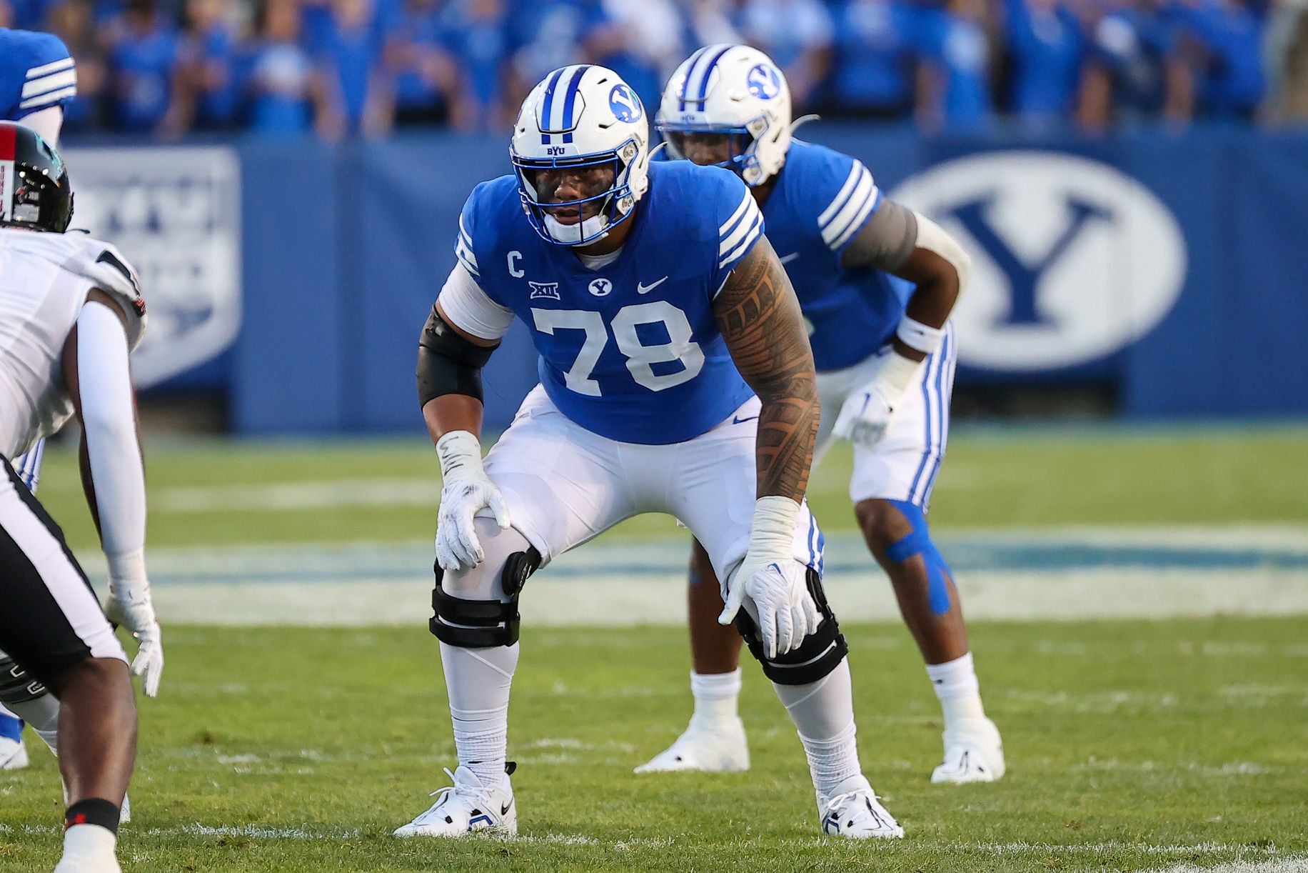 Brigham Young Cougars offensive lineman Kingsley Suamataia (78) prepares to block against the Texas Tech Red Raiders in the first half at LaVell Edwards Stadium.