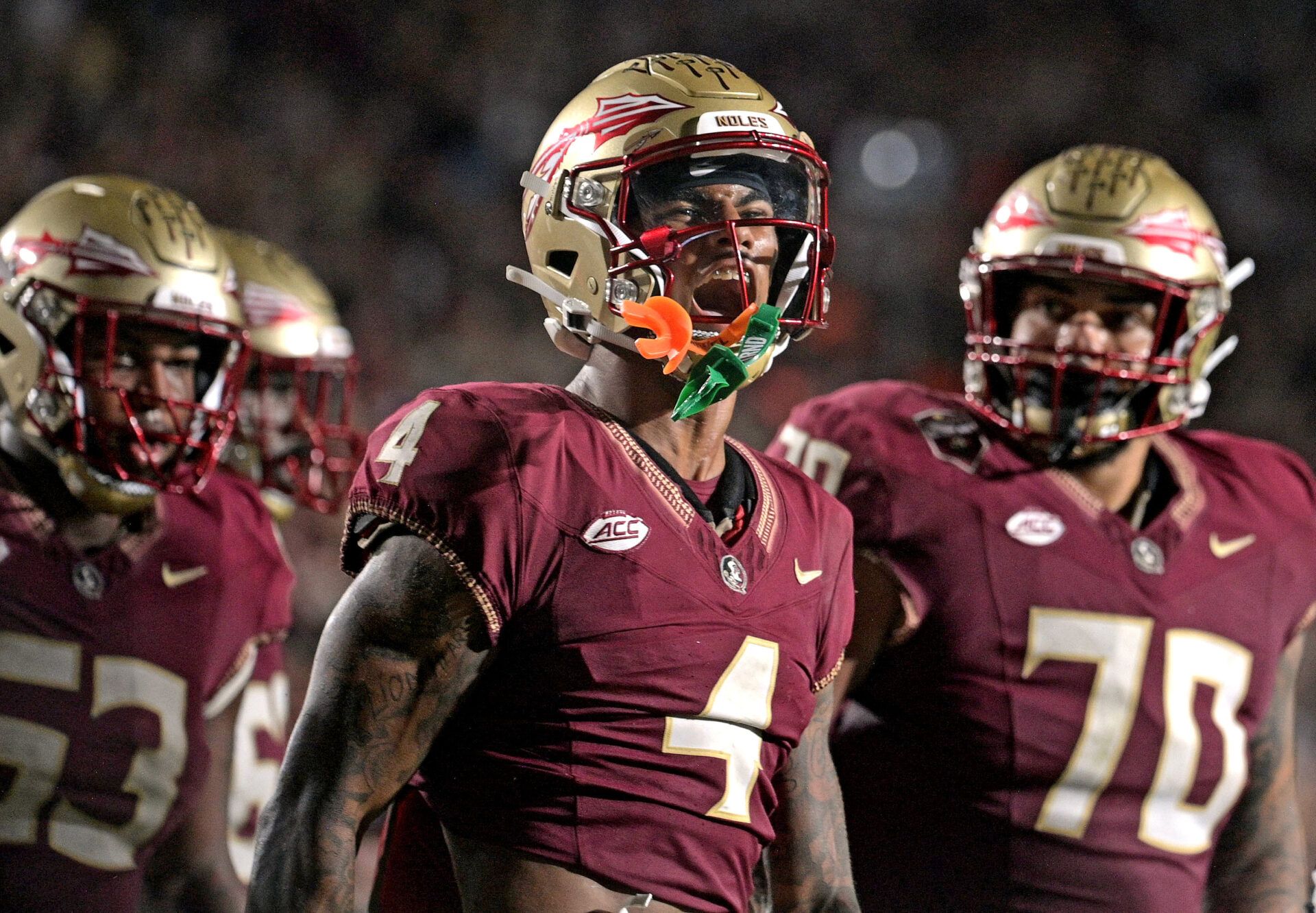 Florida State Seminoles wide receiver Keon Coleman (4) celebrates a touchdown score against the Miami Hurricanes during the second half at Doak S. Campbell Stadium.