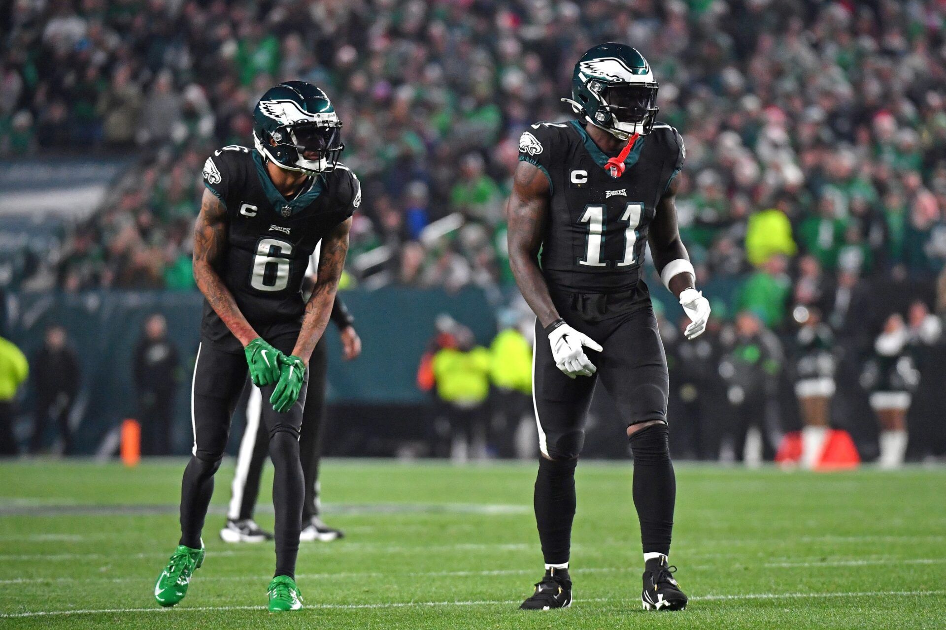 Philadelphia Eagles wide receiver DeVonta Smith (6) and wide receiver A.J. Brown (11) against the New York Giants at Lincoln Financial Field. Mandatory Credit: Eric Hartline-USA TODAY Sports