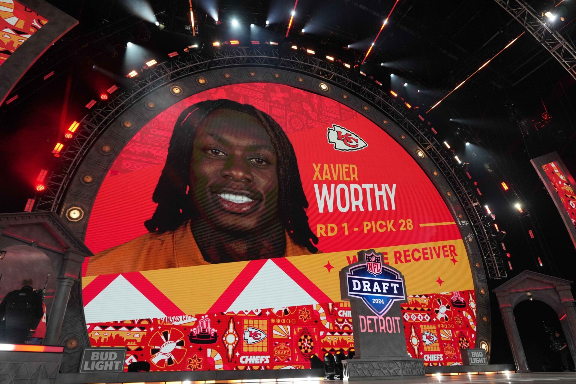 The Kansas City Chiefs selection of WR Xavier Worthy displayed on the screen at the 2024 NFL Draft.