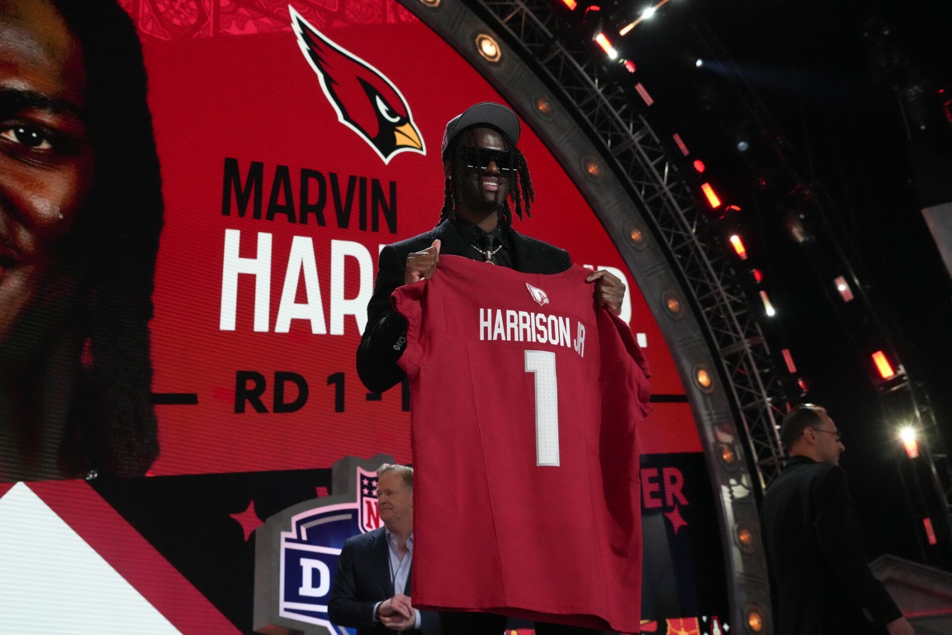 Ohio State Buckeyes WR Marvin Harrison Jr. poses for pictures at the 2024 NFL Draft.