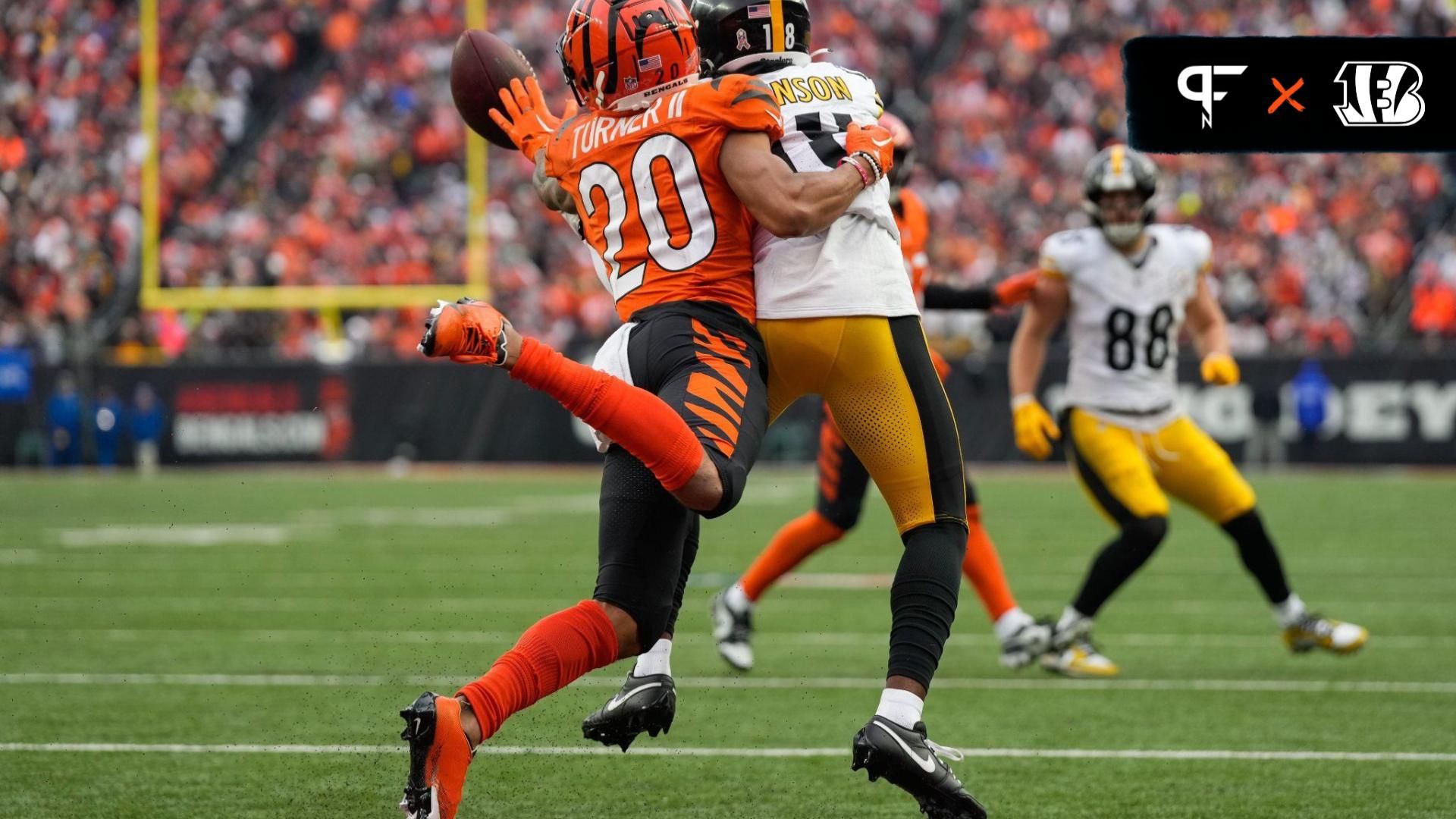 Cincinnati Bengals DB DJ Turner II breaks up a pass intended for Pittsburgh Steelers WR Diontae Johnson (18).