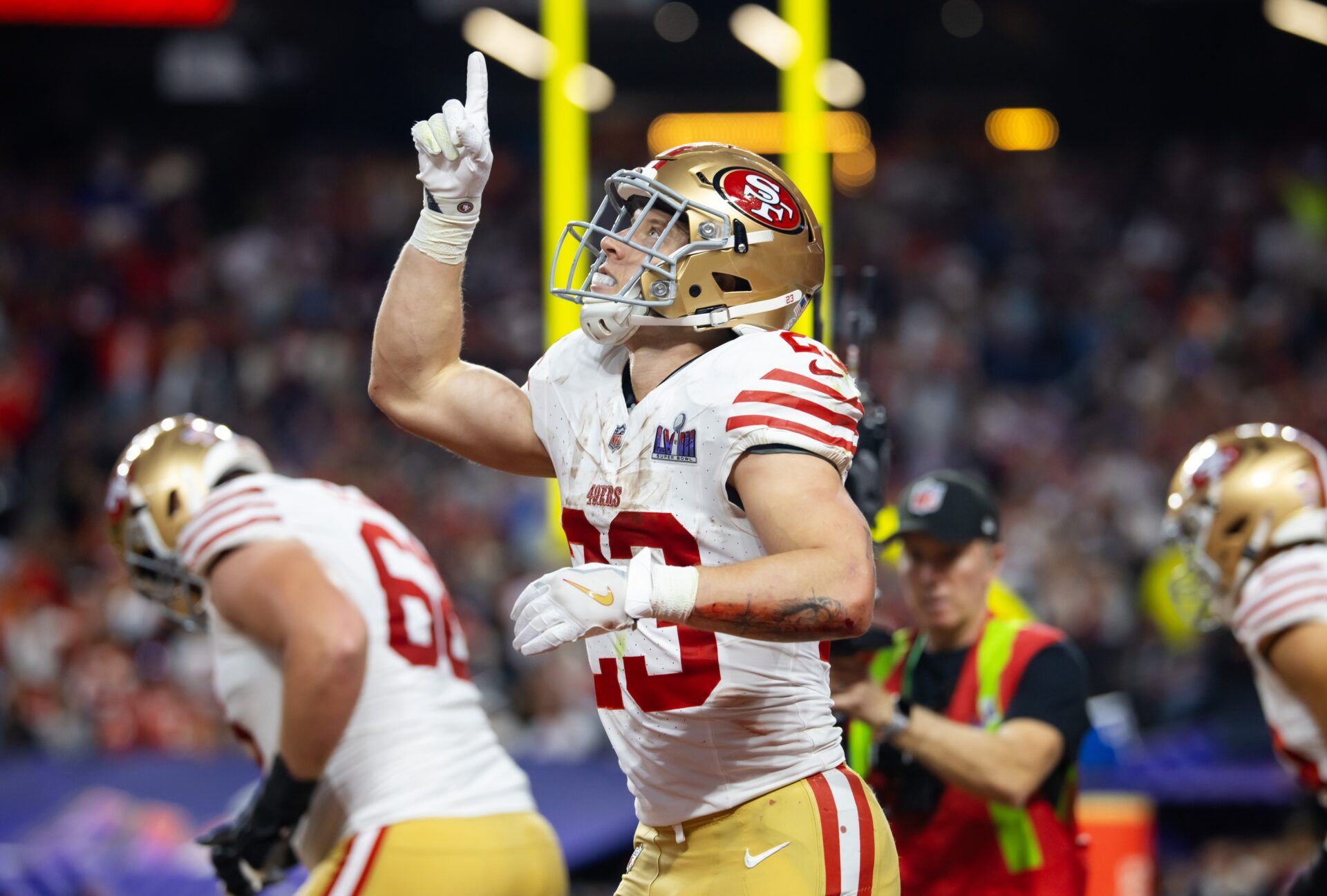 San Francisco 49ers running back Christian McCaffrey (23) celebrates after scoring a touchdown in the first half of Super Bowl LVIII at Allegiant Stadium. Mandatory Credit: Mark J. Rebilas-USA TODAY Sports