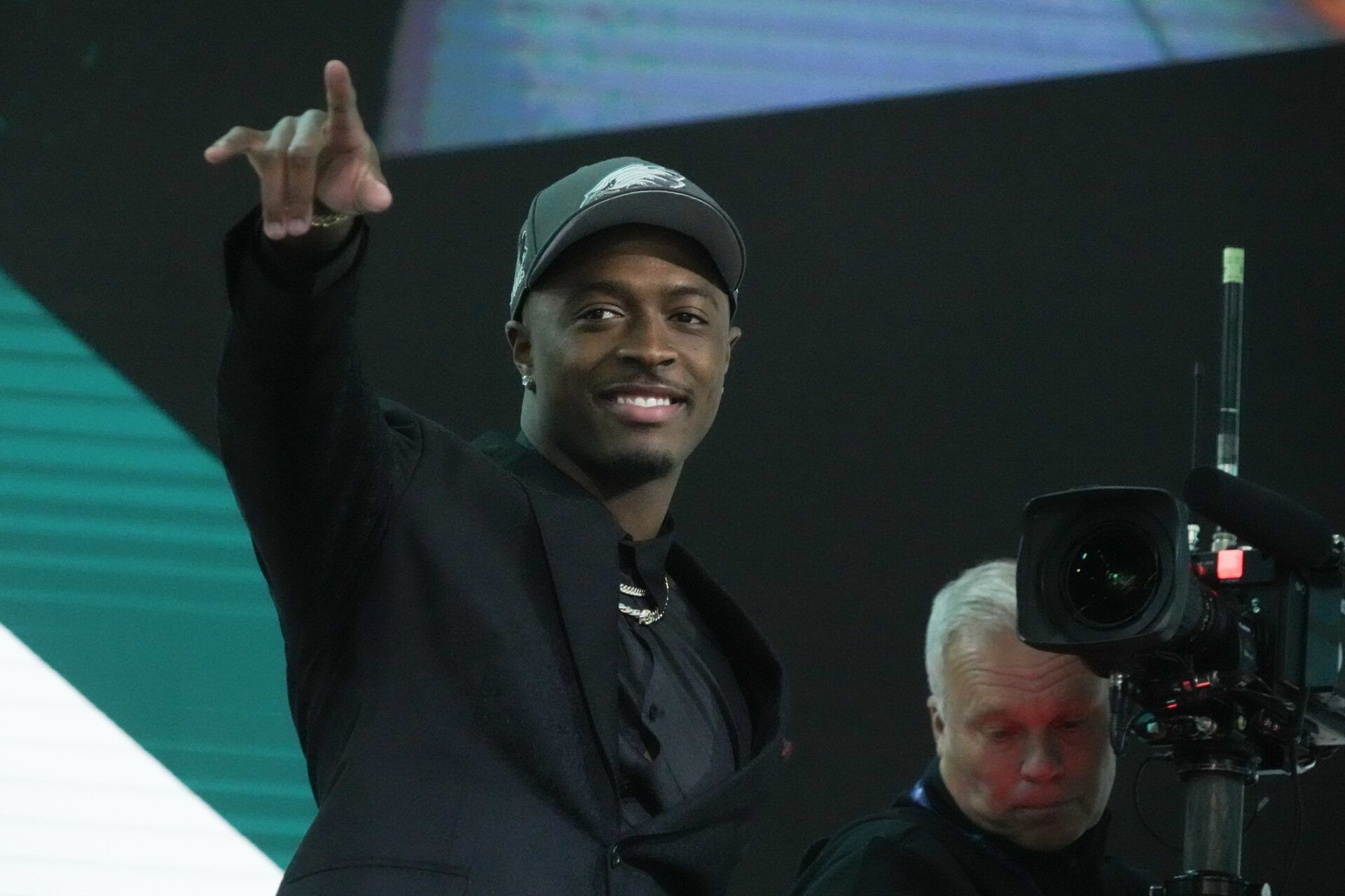 Toledo Rockets cornerback Quinyon Mitchell reacts after being selected by the Philadelphia Eagles as the No. 22 pick in the first round of the 2024 NFL Draft at Campus Martius Park and Hart Plaza. Mandatory Credit: Kirby Lee-USA TODAY Sports