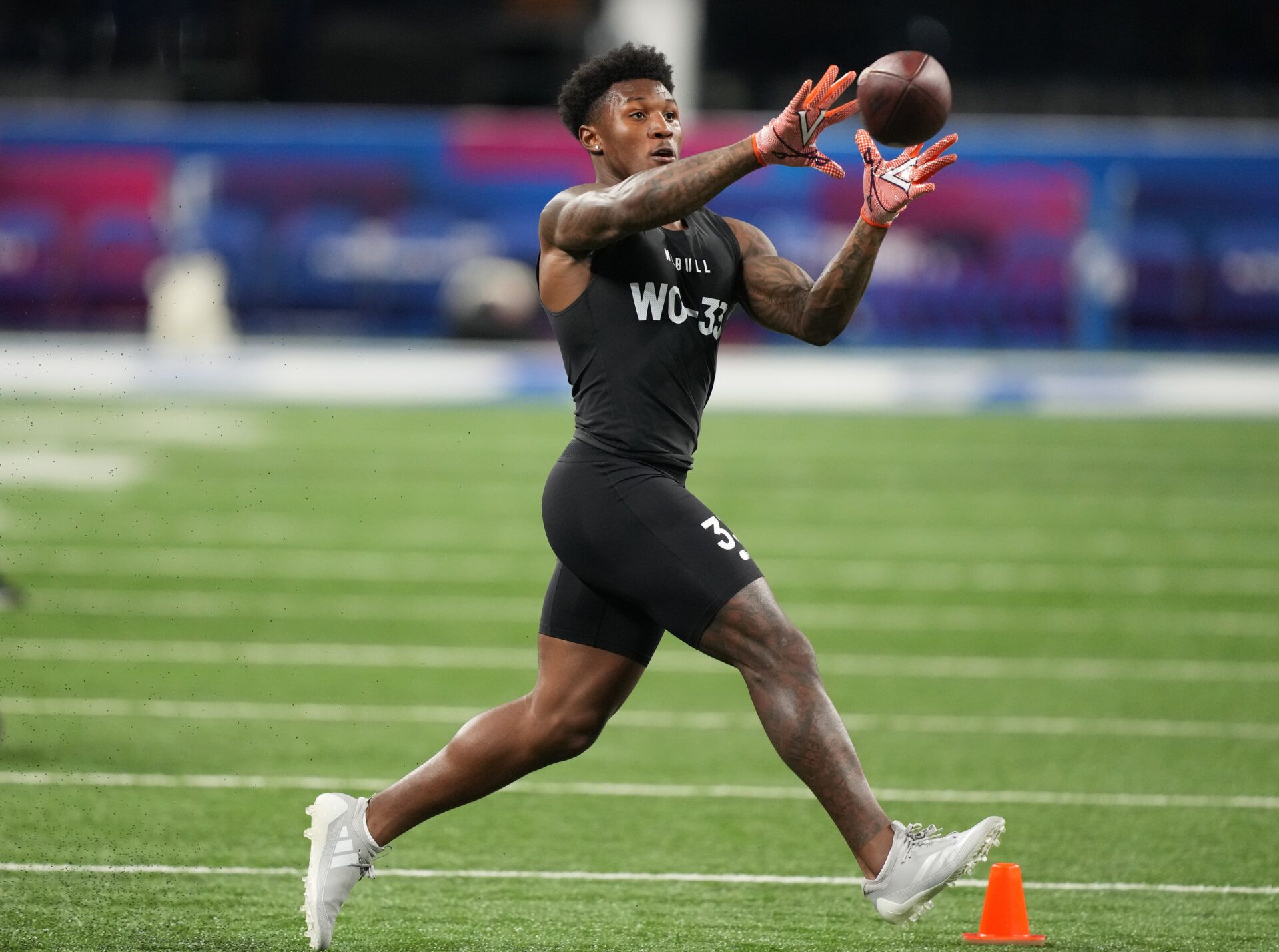 Virginia wide receiver Malik Washington (wo33) during the 2024 NFL Combine at Lucas Oil Stadium.