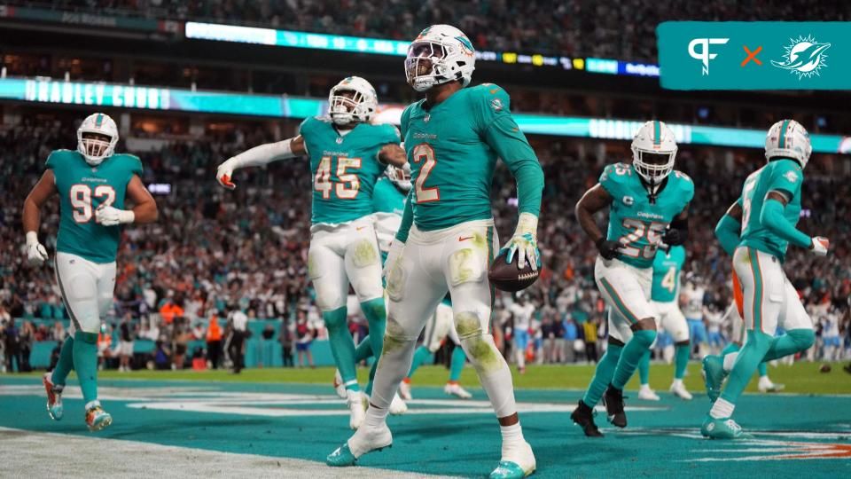 Miami Dolphins linebacker Bradley Chubb (2) celebrates after recovering the fumble of Tennessee Titans running back Derrick Henry (not pictured) during the second half at Hard Rock Stadium.