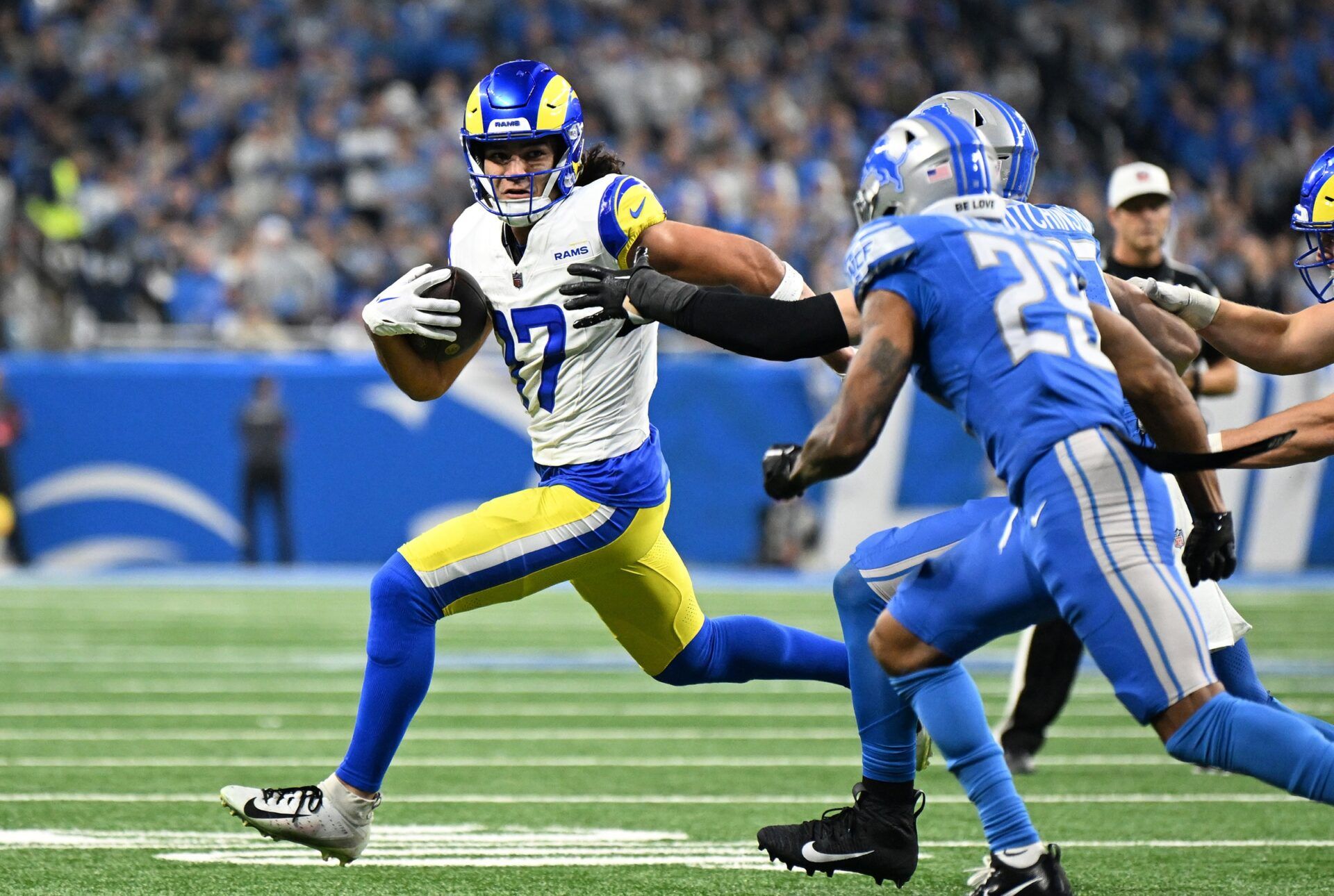 Los Angeles Rams wide receiver Puka Nacua (17) runs after a catch during the second half of a 2024 NFC wild card game against the Detroit Lions at Ford Field. Mandatory Credit: Lon Horwedel-USA TODAY Sports