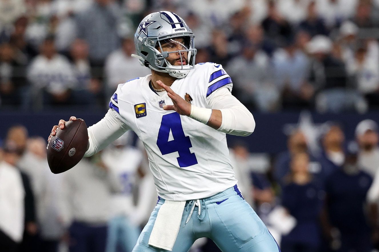 Dallas Cowboys quarterback Dak Prescott (4) drops back to pass against the Green Bay Packers in the first half of the 2024 NFC wild card game at AT&T Stadium. Mandatory Credit: Kevin Jairaj-USA TODAY Sports