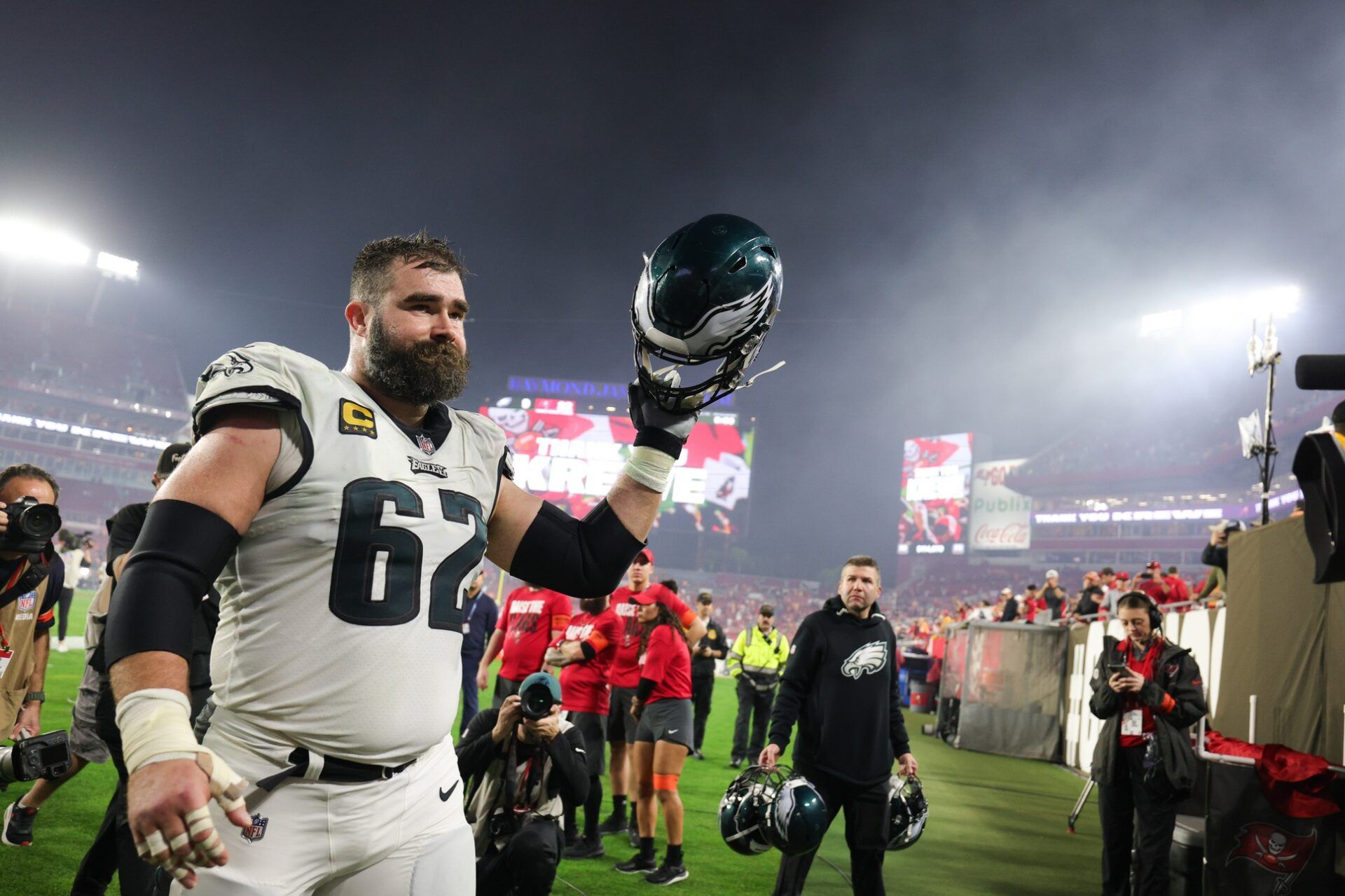 Philadelphia Eagles center Jason Kelce (62) thanks the fans as he leaves the field after a 2024 NFC wild card game against the Tampa Bay Buccaneers at Raymond James Stadium. Mandatory Credit: Nathan Ray Seebeck-USA TODAY Sports