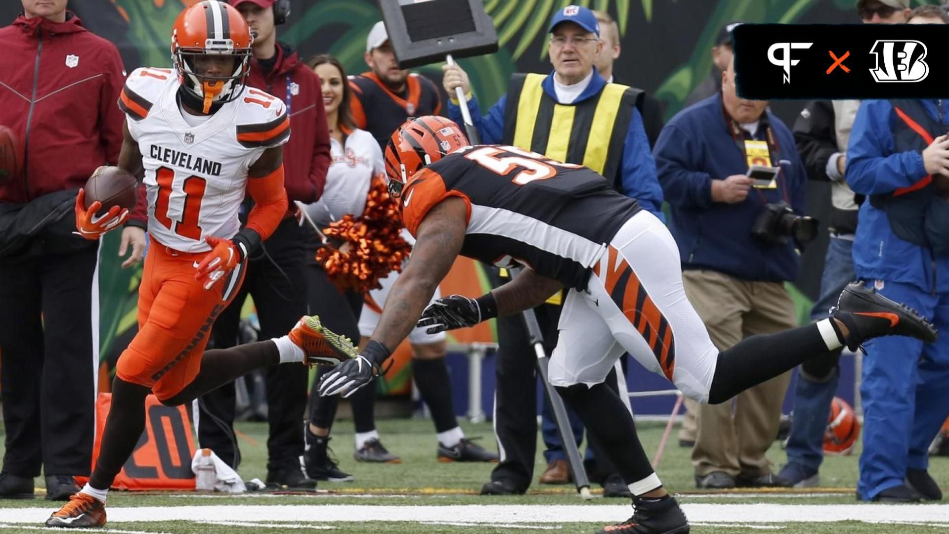 Cleveland Browns wide receiver Antonio Callaway (11) runs against Cincinnati Bengals outside linebacker Vontaze Burfict (55) during the first half at Paul Brown Stadium.