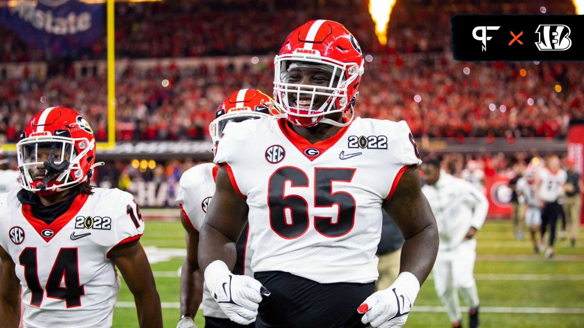 Georgia Bulldogs offensive lineman Amarius Mims (65) against the Alabama Crimson Tide in the 2022 CFP college football national championship game at Lucas Oil Stadium.