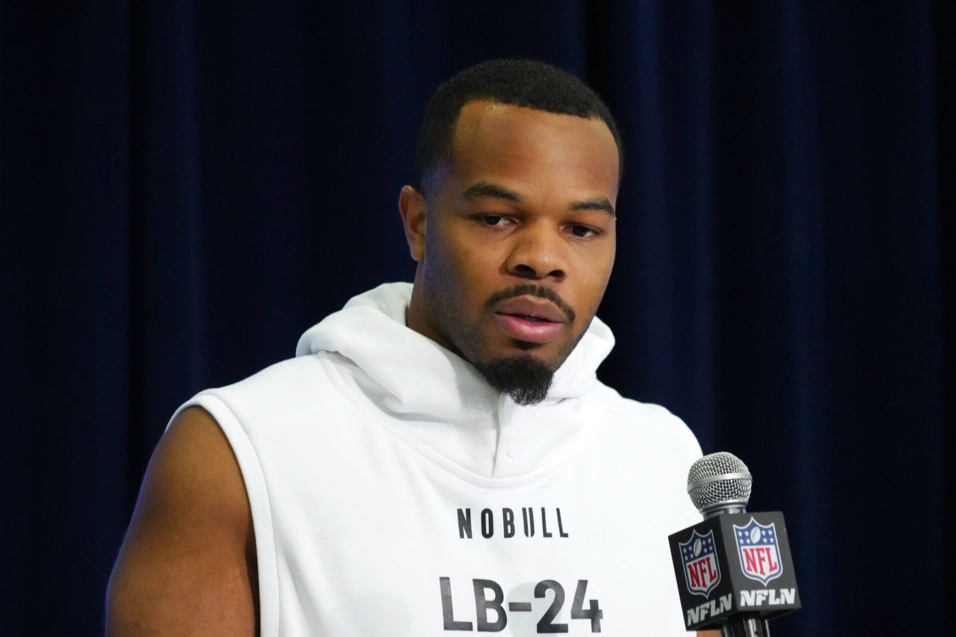 Clemson linebacker Jeremiah Trotter (LB24) speaks at a press conference at the NFL Scouting Combine at Indiana Convention Center.