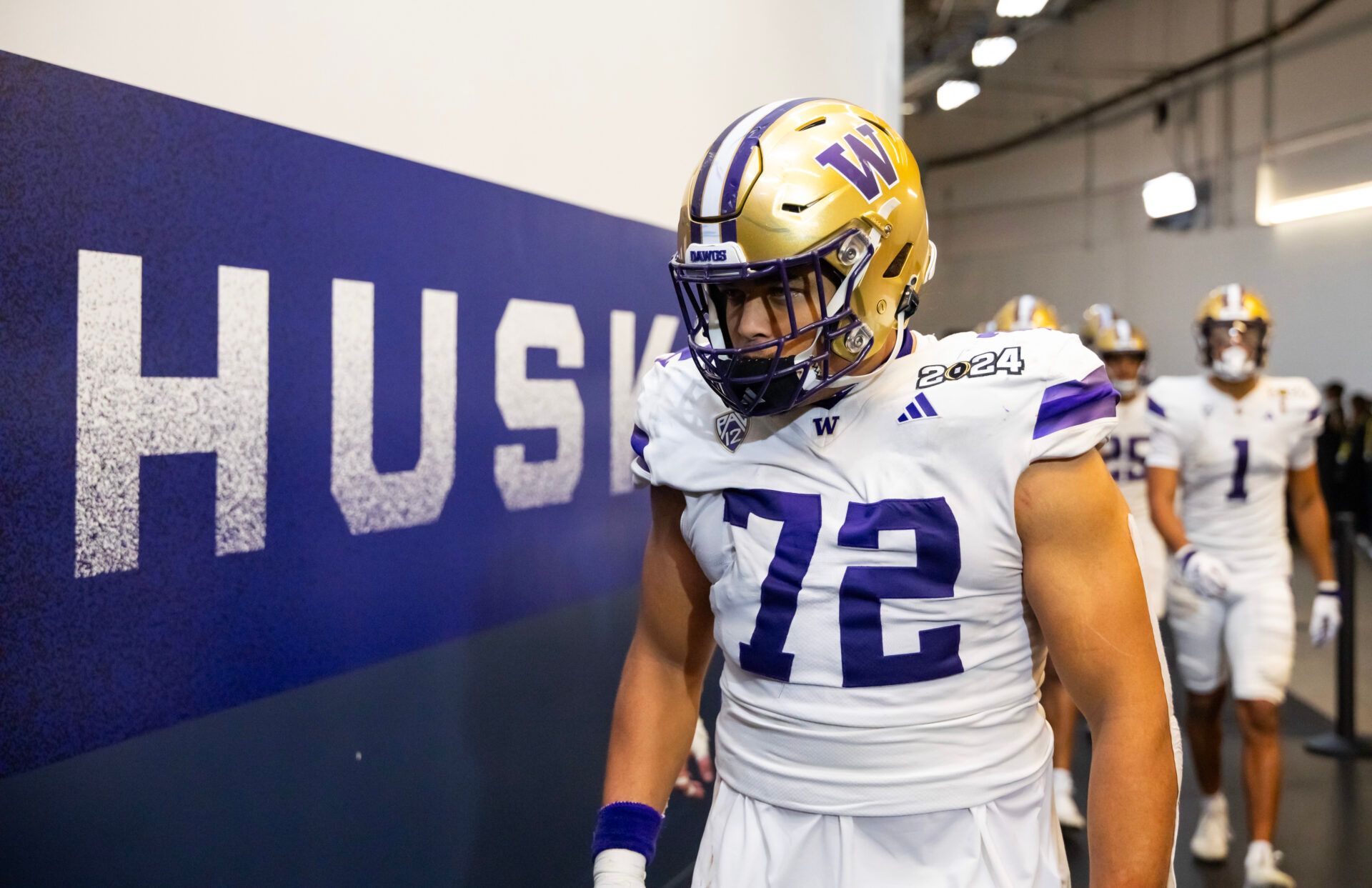 Washington Huskies offensive lineman Parker Brailsford (72) against the Michigan Wolverines during the 2024 College Football Playoff national championship game at NRG Stadium.