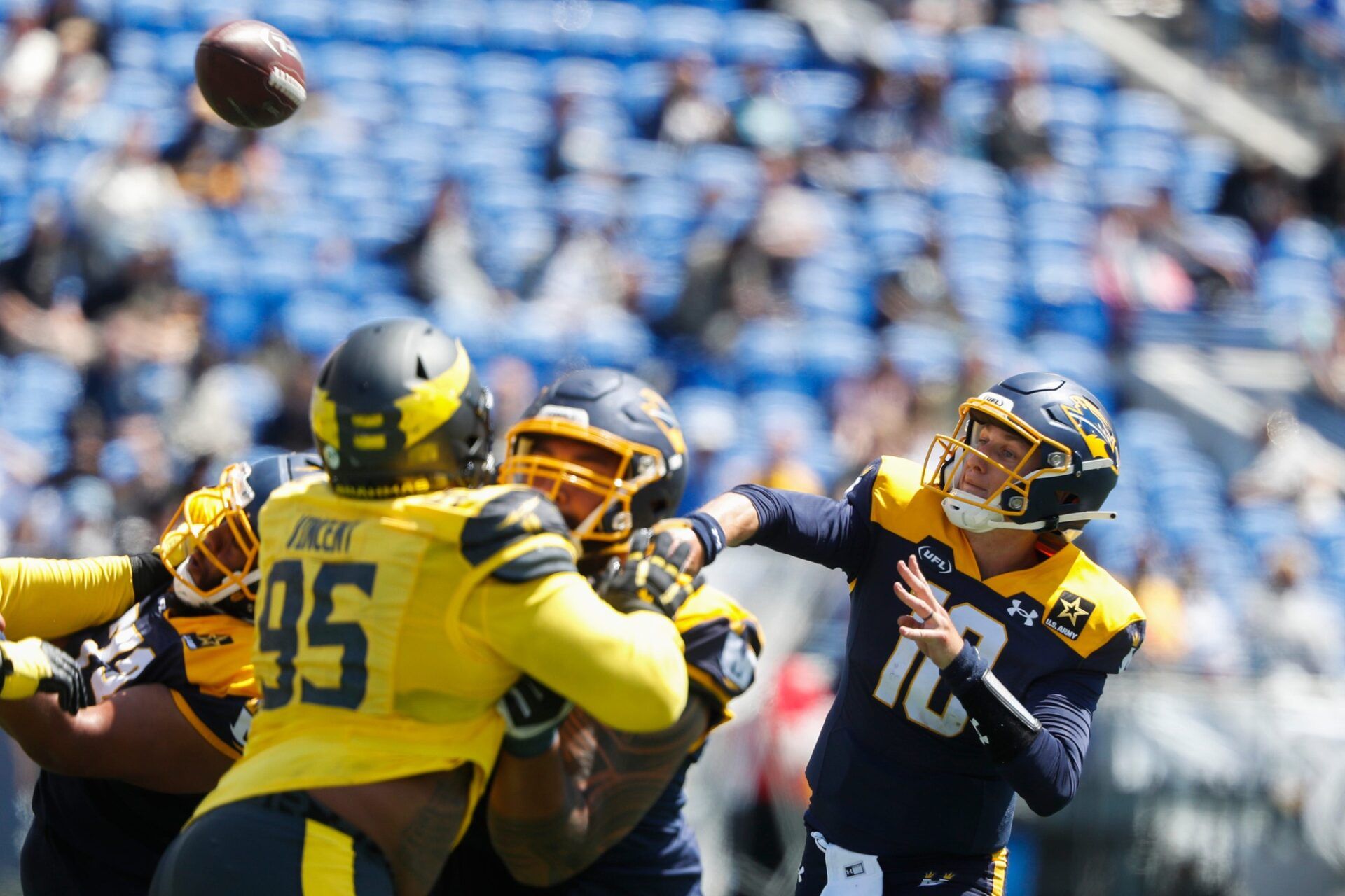 Showboats’ Case Cookus (10) throws the ball during the UFL game between the San Antonio Brahmas and Memphis Showboats in Simmons Bank Liberty Stadium in Memphis, Tenn., on Saturday, April 6, 2024.