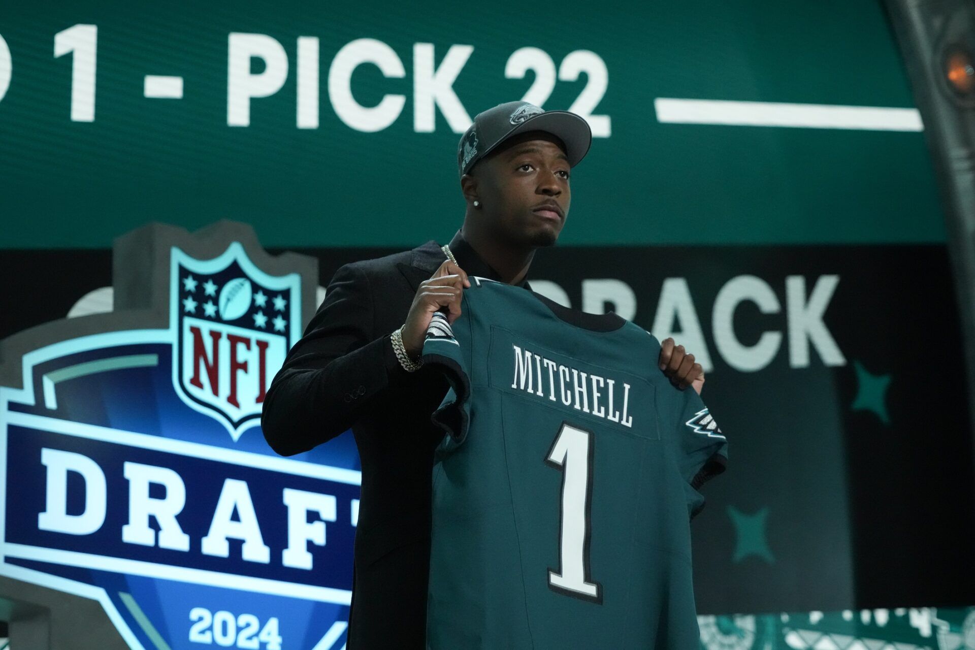 Toledo Rockets cornerback Quinyon Mitchell poses after being selected by the Philadelphia Eagles as the No. 22 pick in the first round of the 2024 NFL Draft at Campus Martius Park and Hart Plaza.