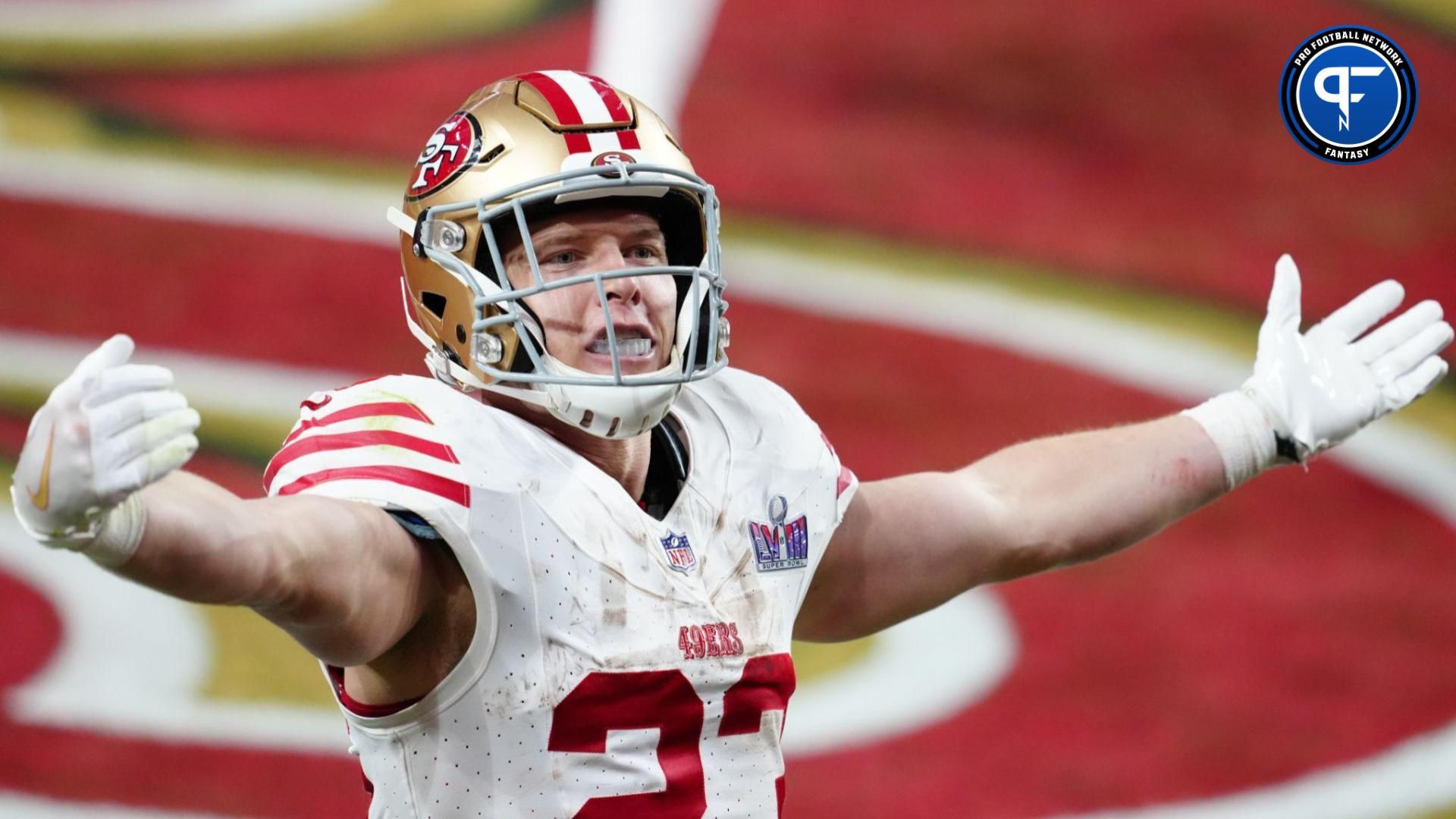 San Francisco 49ers RB Christian McCaffrey (23) celebrates after a touchdown against the Kansas City Chiefs in the Super Bowl.