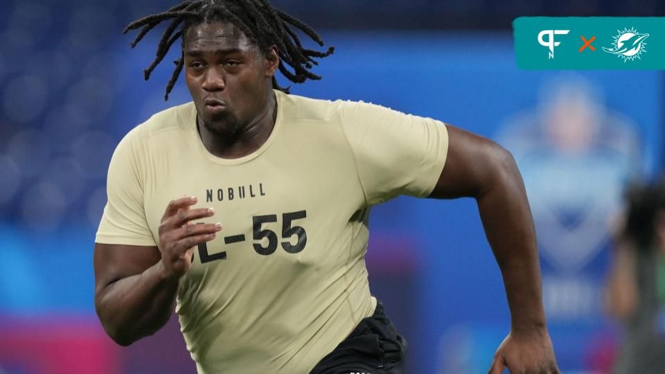 Houston Cougars OT Patrick Paul runs drills at the 2024 NFL Scouting Combine.