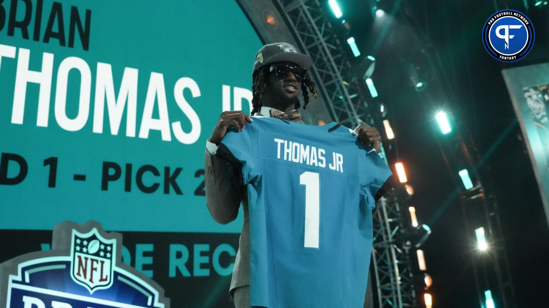 LSU Tigers wide receiver Brian Thomas Jr. poses after being selected by the Jacksonville Jaguars as the No. 23 pick during the first round of the 2024 NFL Draft at Campus Martius Park and Hart Plaza.