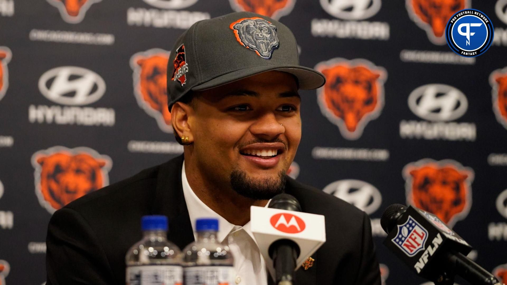 Chicago Bears first round draft choice and number nine overall pick Rome Odunze speaks at a press conference at Halas Hall.