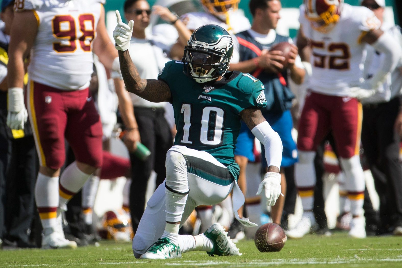 Eagles' DeSean Jackson celebrates a first down Sunday at Lincoln Financial Field.