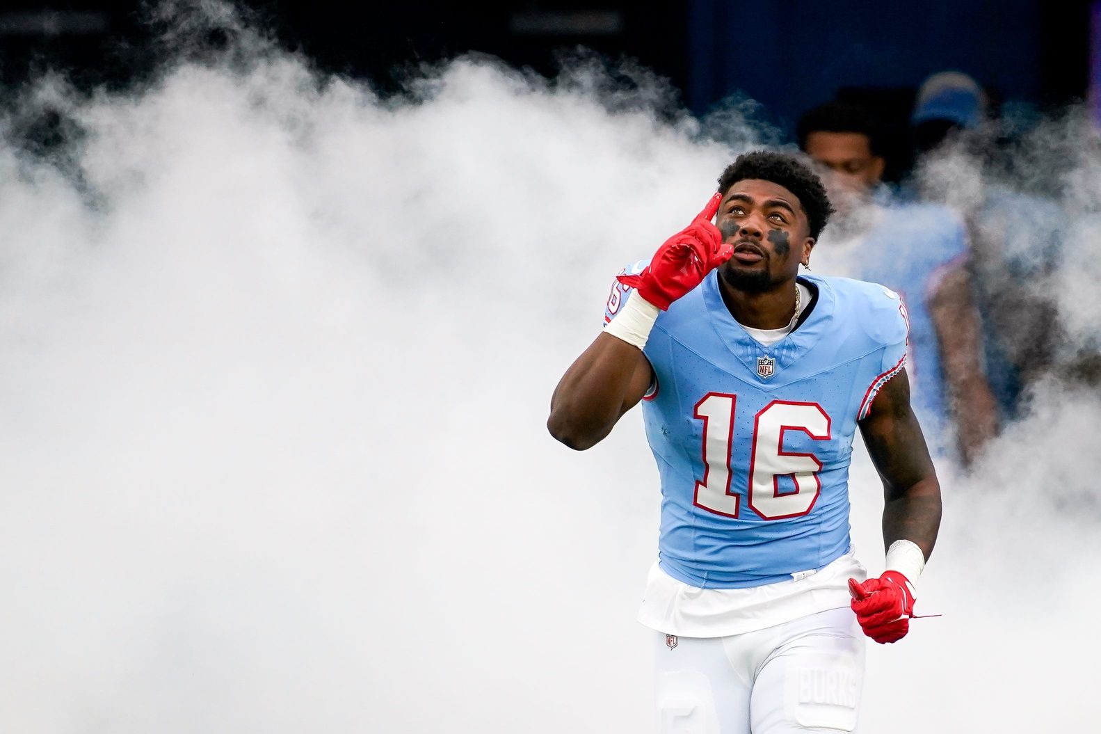 Tennessee Titans wide receiver Treylon Burks (16) is introduced before a game against the Atlanta Falcons at Nissan Stadium in Nashville, Tenn., Sunday, Oct. 29, 2023.