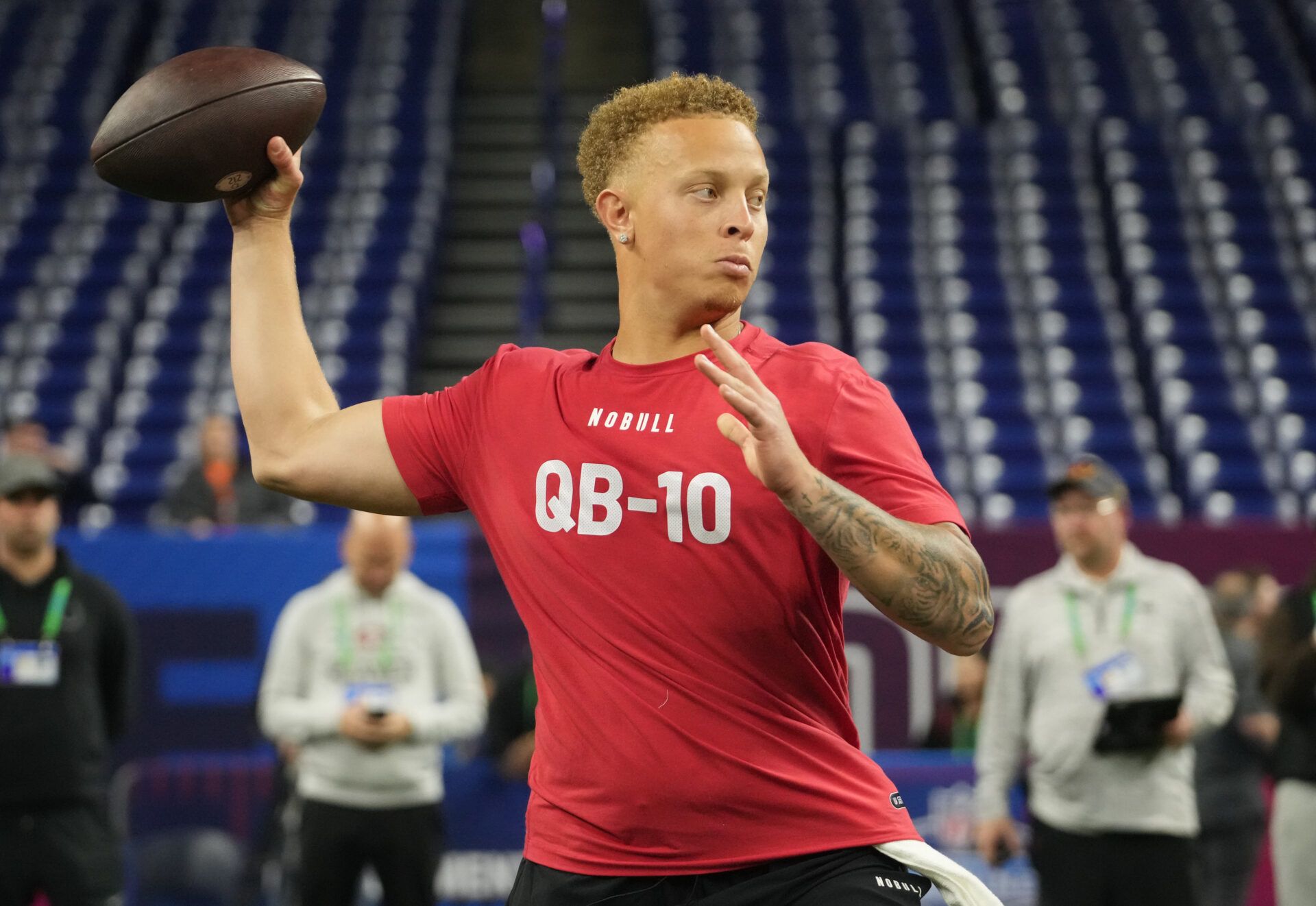 South Carolina quarterback Spencer Rattler (QB10) during the 2024 NFL Combine at Lucas Oil Stadium.