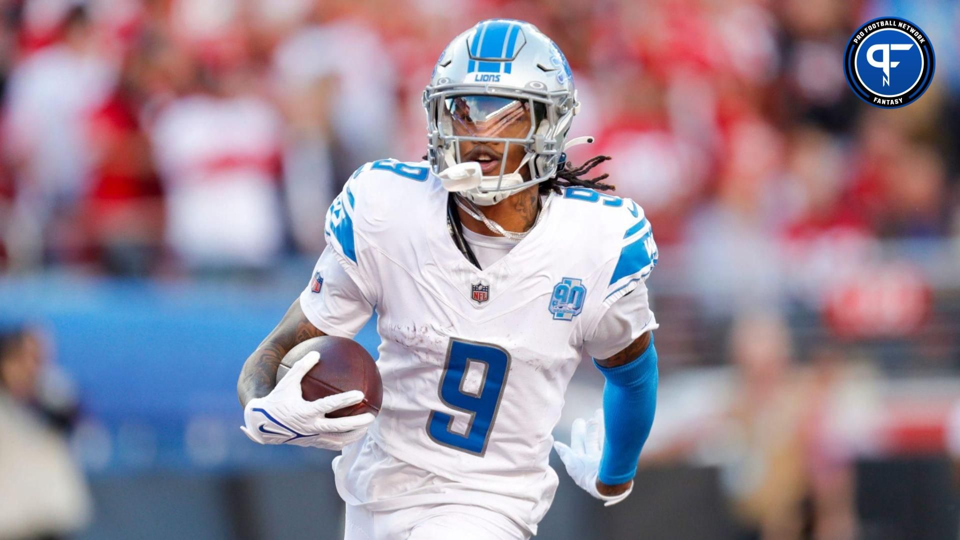 Lions wide receiver Jameson Williams runs the ball in for a touchdown in the first quarter of the NFC championship game at Levi's Stadium in Santa Clara, California, on Sunday, Jan. 28, 2024.