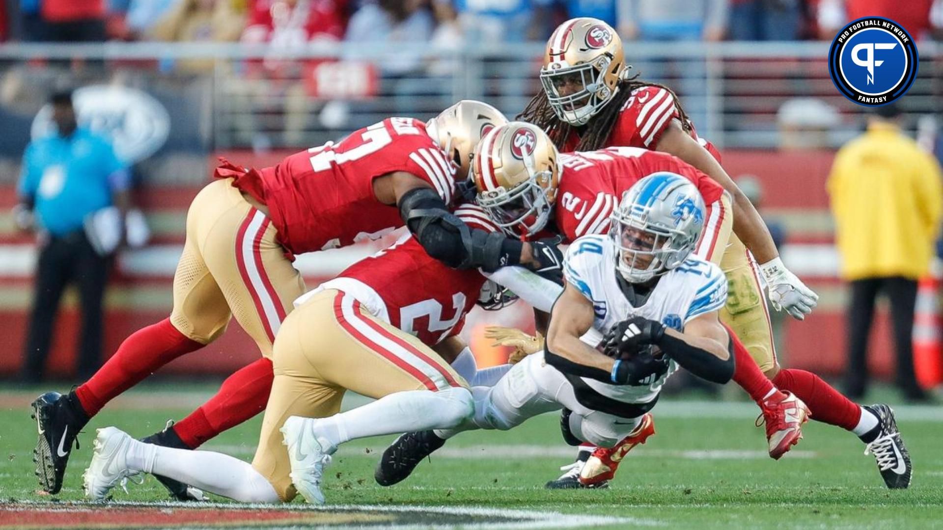 Lions wide receiver Amon-Ra St. Brown makes a catch against 49ers during the first half of the NFC championship game at Levi's Stadium in Santa Clara, California, on Sunday, Jan. 28, 2024.