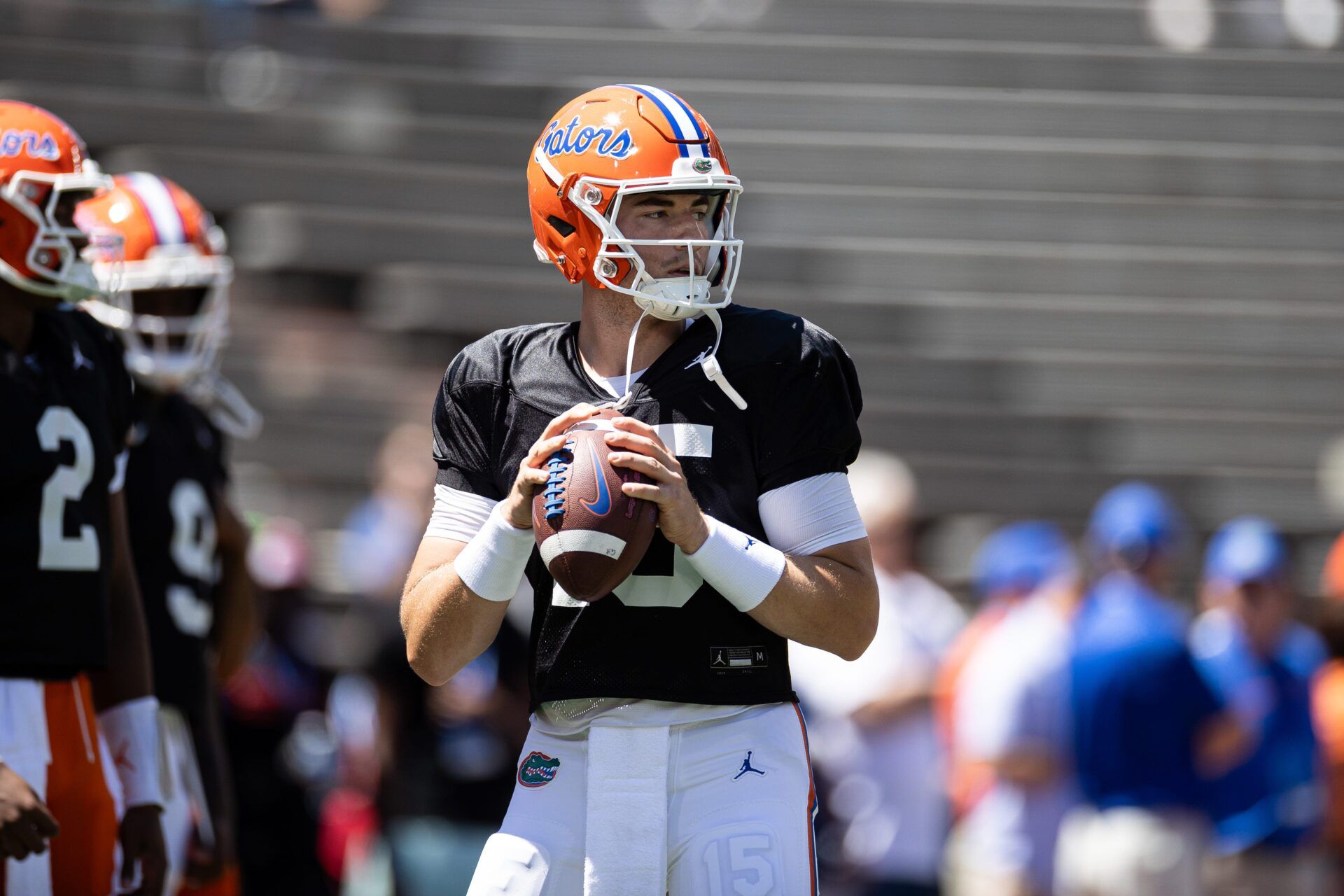 Florida Gators quarterback Graham Mertz (15) looks to throw before the game at the Orange and Blue spring football game at Steve Spurrier Field at Ben Hill Griffin Stadium in Gainesville, FL on Saturday, April 13, 2024.