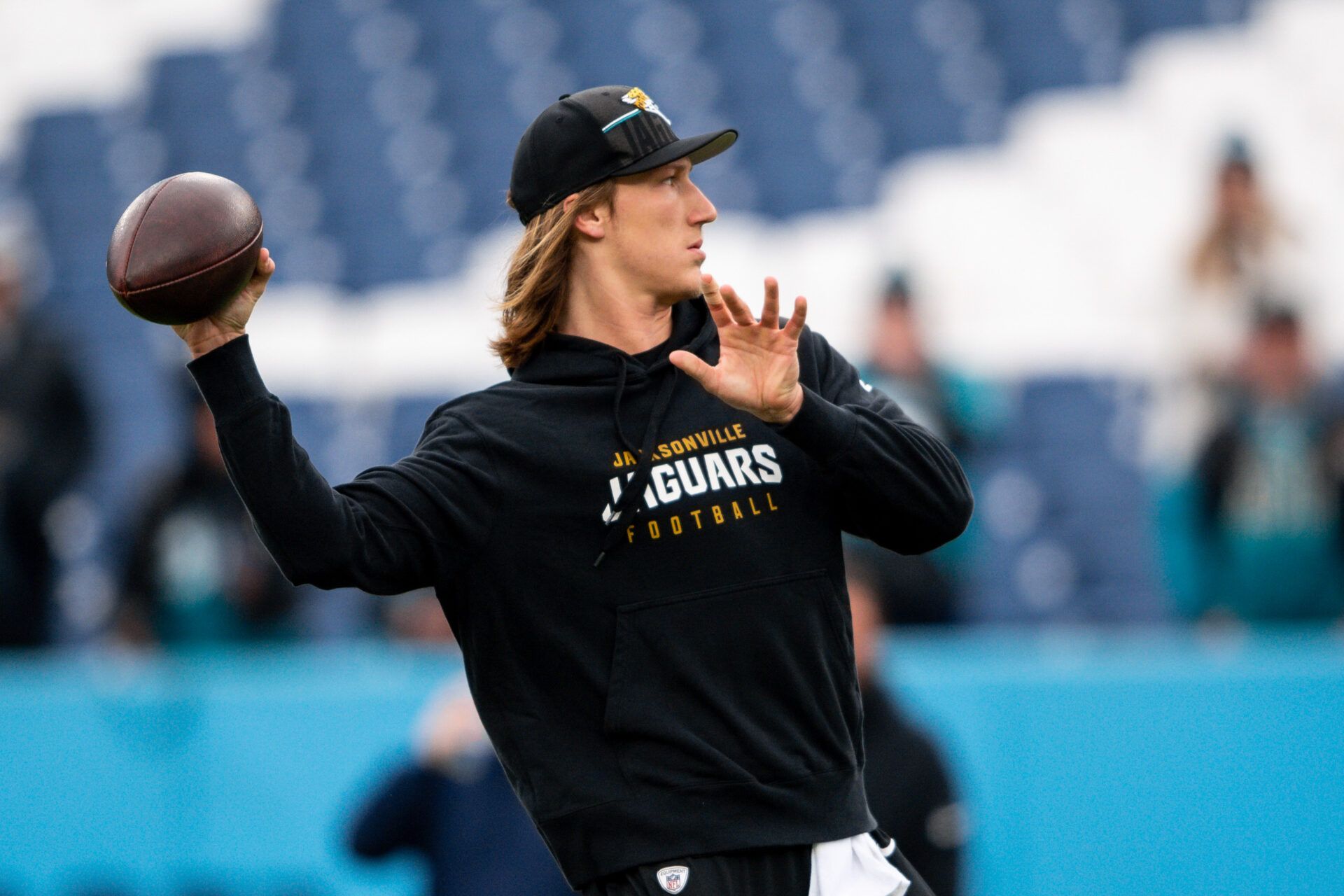 Jacksonville Jaguars quarterback Trevor Lawrence (16) throws during pre-game warmups against the Tennessee Titans at Nissan Stadium.