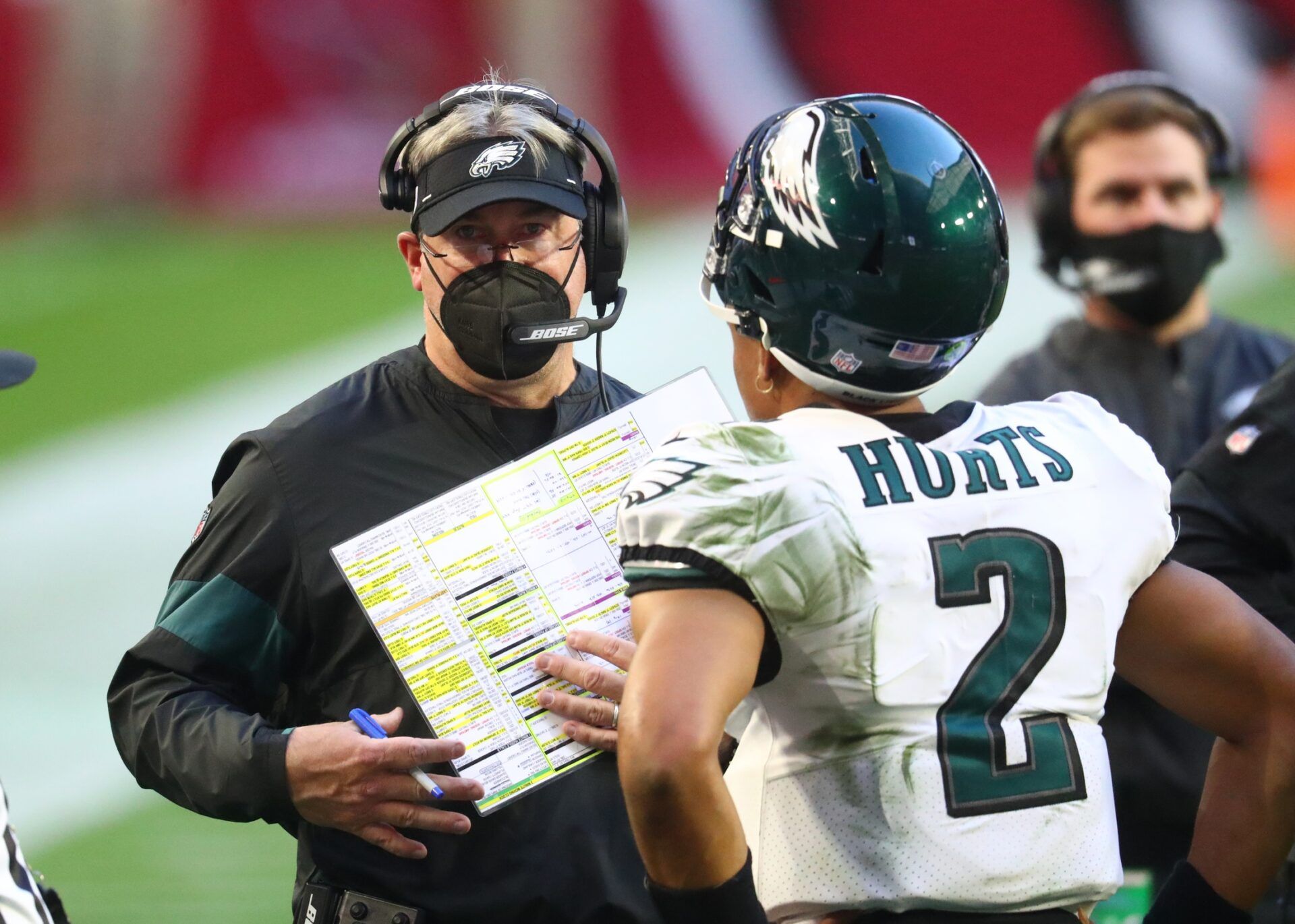 Philadelphia Eagles head coach Doug Pederson with quarterback Jalen Hurts (2) against the Arizona Cardinals at State Farm Stadium.