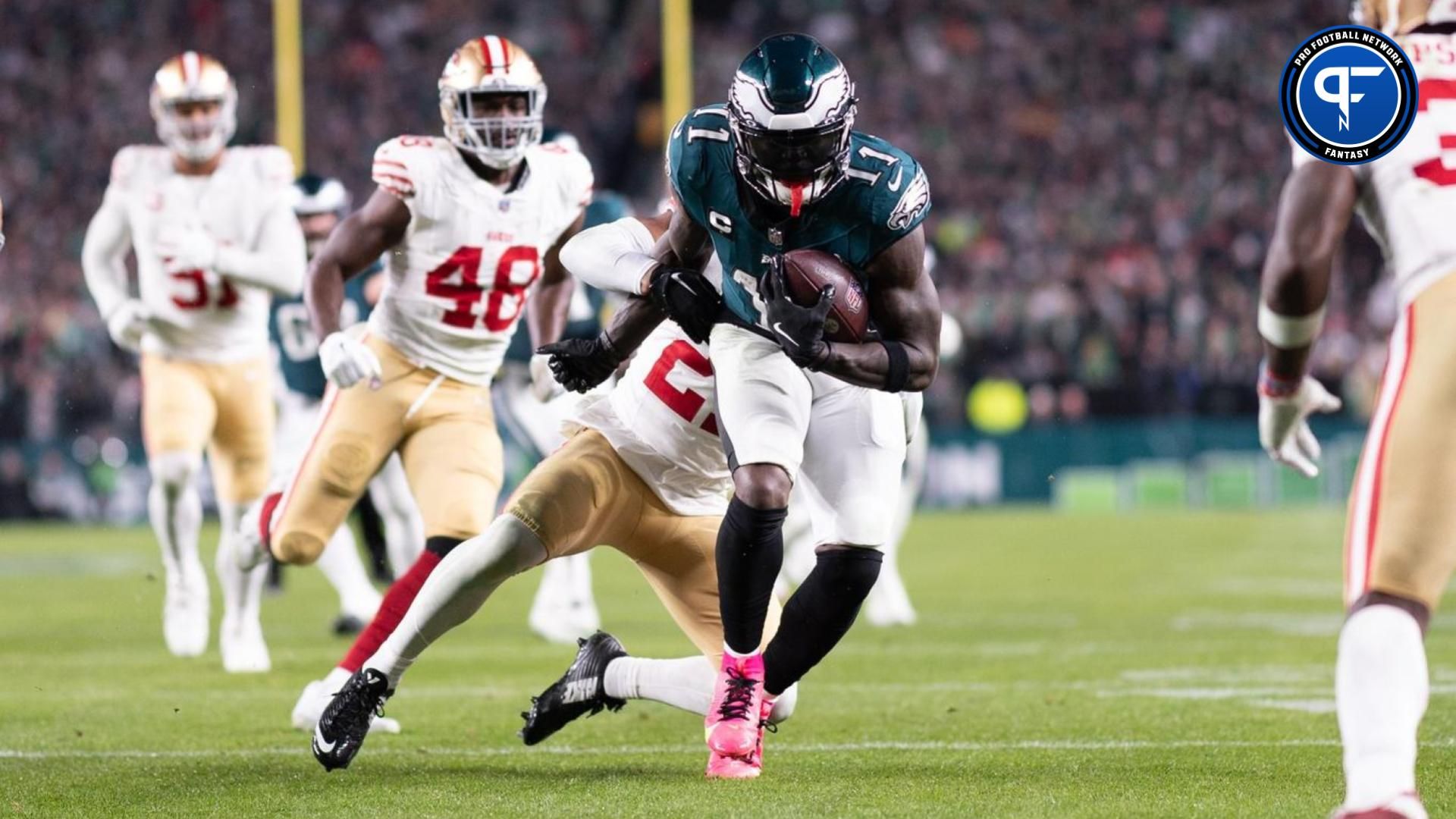 Philadelphia Eagles wide receiver A.J. Brown (11) runs with the ball after a catch against the San Francisco 49ers during the third quarter at Lincoln Financial Field.