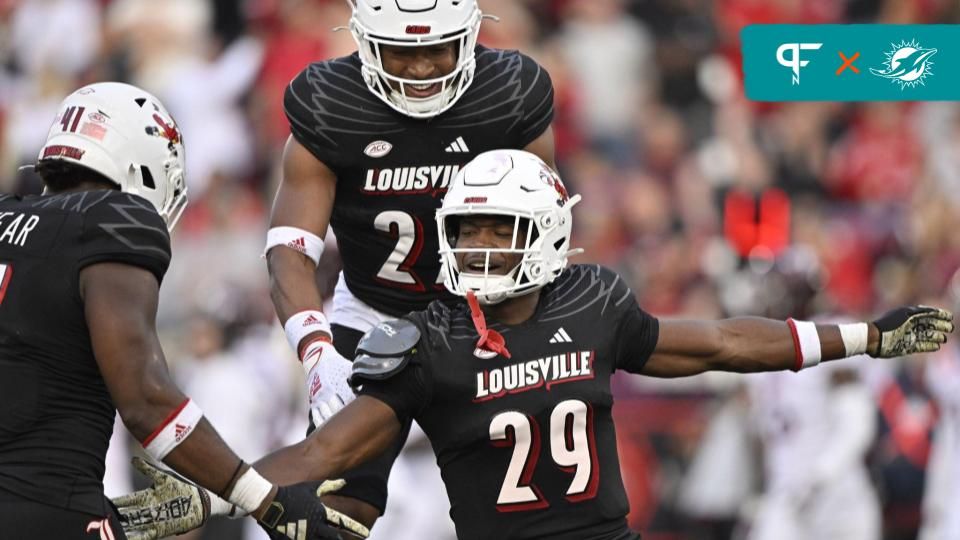 Louisville Cardinals defensive back Storm Duck (29) celebrates with defensive lineman Ramon Puryear (41) and defensive back Devin Neal (27) during the second half against the Virginia Tech Hokies at L&N Federal Credit Union Stadium. Louisville defeated Virginia Tech 34-3.