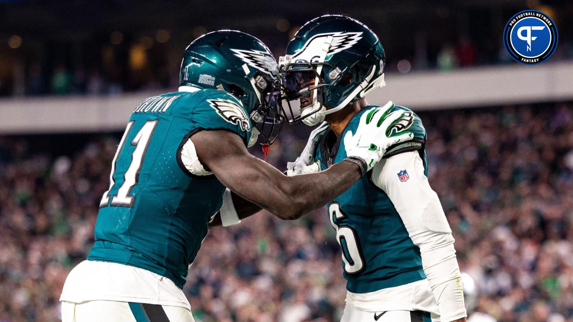 Philadelphia Eagles wide receiver DeVonta Smith (6) celebrates with wide receiver A.J. Brown (11) after a touchdown against the Dallas Cowboys during the third quarter at Lincoln Financial Field.