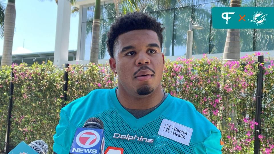 Edge rusher Chop Robinson, the Dolphins' first-round draft pick, meets with reporters on May 10, 2024.